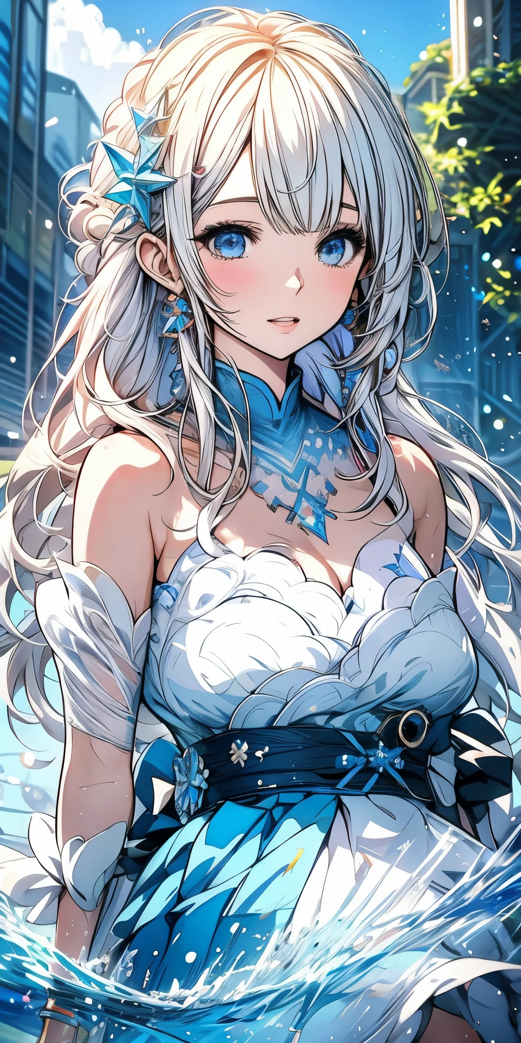 Chica anime con ojos azules y cabello blanco con un vestido azul., arte de anime digital detallado, guweiz en artstation pixiv, guweiz en pixiv artstation, arte de anime detallado, arte de anime detalladowork, Splash Art Anime , tendencia en artstation pixiv, clean arte de anime detallado, anime fantasy illustration., arte detallado del personaje de anime