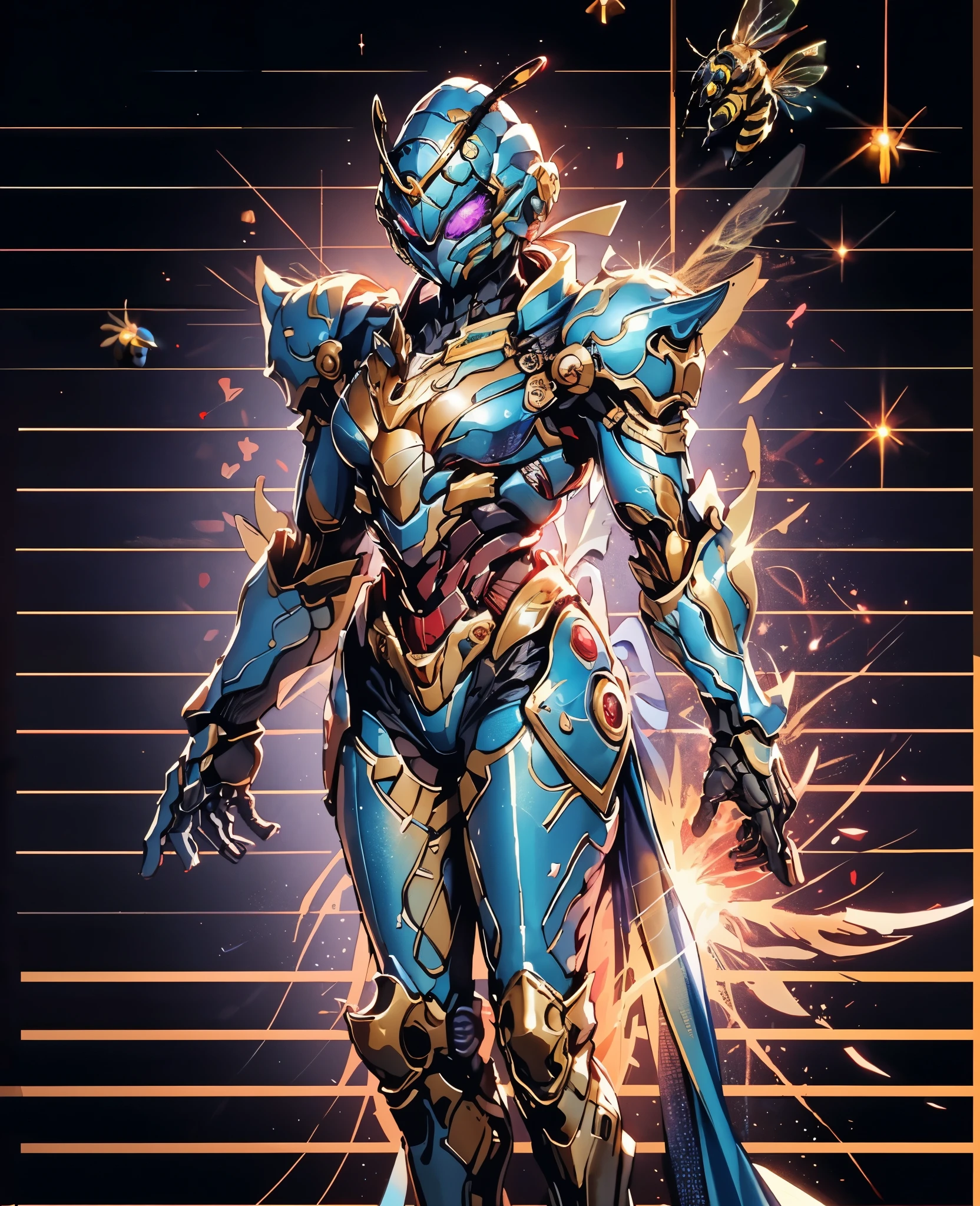 A woman adorned in fantasy-style full-body armor, a crown-concept fully enclosed helmet that unveils only her eyes, a composite layered chest plate, fully encompassing shoulder and hand guards, a lightweight waist armor, form-fitting shin guards, the overall design is heavy-duty yet flexible, (the armor gleams with a golden glow, complemented by red and blue accents), exhibiting a noble aura, she floats above a fantasy-surreal high-tech city, this character embodies a finely crafted fantasy-surreal style armored hero in anime style, exquisite and mature manga art style, (plasma, blood), ((Queen Bee Concept Armor, Element, bio mecha, long legs, elegant, goddess, femminine:1.5)), metallic, high definition, best quality, highres, ultra-detailed, ultra-fine painting, extremely delicate, professional, anatomically correct, symmetrical face, extremely detailed eyes and face, high quality eyes, creativity, RAW photo, UHD, 32k, Natural light, cinematic lighting, masterpiece-anatomy-perfect, masterpiece:1.5