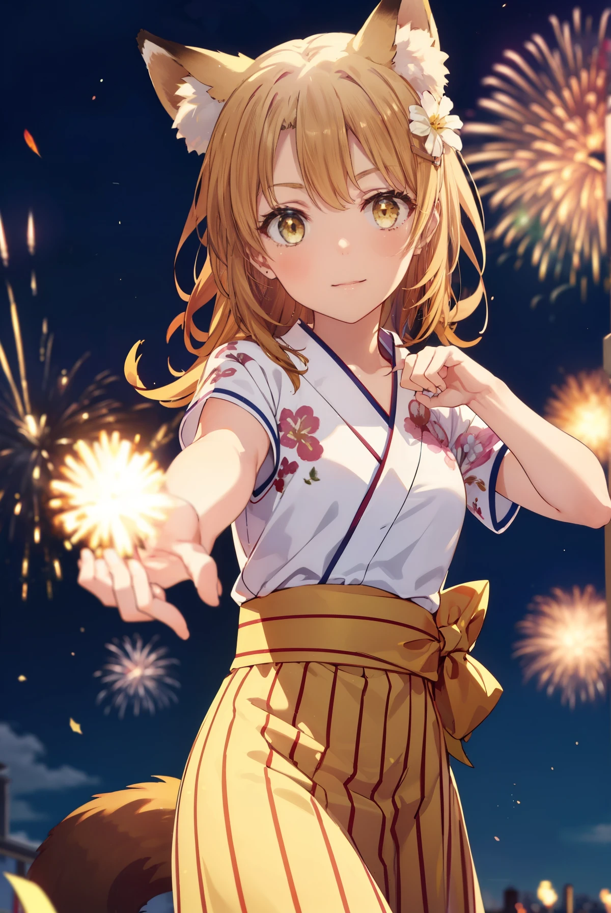 irohaisshiki, Isshiki Iroha, long hair, light brown hair, (brown eyes:1.5), smile,animal ears,fox ears,Animal tail　fox tail,flower hair ornament,Yukata with yellow floral pattern,long skirt,Zori sandals,firework in the night sky,firework,The place is a firework display,Time is night,sunny day,So that the whole body is included in the illustration,
break outdoors, 神社
break looking at viewer,
break (masterpiece:1.2), highest quality, High resolution, unity 8k wallpaper, (shape:0.8), (beautiful and detailed eyes:1.6), highly detailed face, perfect lighting, Very detailed CG, (perfect hands, perfect ???????),