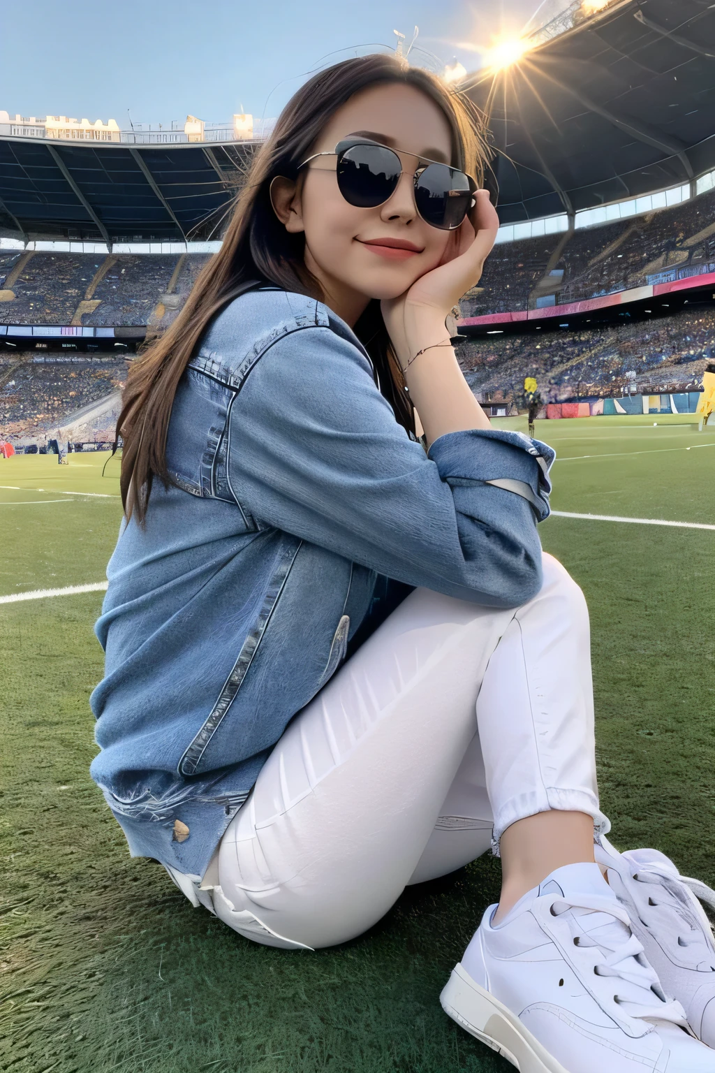 As the sun sets over the stadium, a young Distance from view, Back view, A young ((Stylish happy girl age 18-25 wearing boyfriend jeans)) with sunglasses ((white sneakers bright)) ((white sweatshirt)) ((white jeans)) takes a break from the game to sit on a soccer ball. Her silhouette is outlined against the vibrant sky, a moment of peace and reflection in the midst of the action.