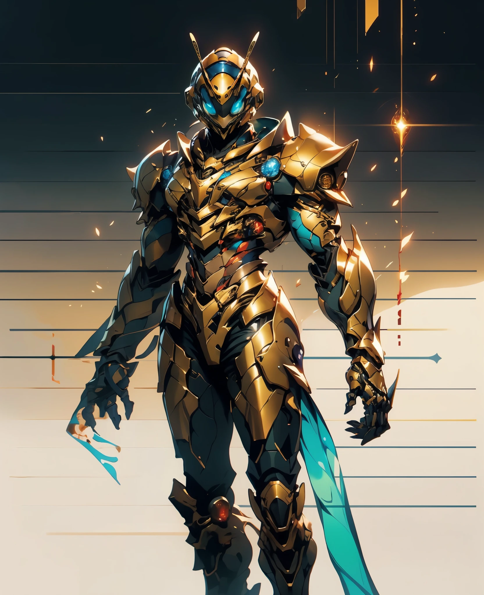 A woman adorned in fantasy-style full-body armor, a crown-concept fully enclosed helmet that unveils only her eyes, a composite layered chest plate, fully encompassing shoulder and hand guards, a lightweight waist armor, form-fitting shin guards, the overall design is heavy-duty yet flexible, (the armor gleams with a golden glow, complemented by red and blue accents), exhibiting a noble aura, she floats above a fantasy-surreal high-tech city, this character embodies a finely crafted fantasy-surreal style armored hero in anime style, exquisite and mature manga art style, (plasma, blood), ((Queen Bee Concept Armor, Element, bio mecha, long legs, elegant, goddess, femminine:1.5)), metallic, high definition, best quality, highres, ultra-detailed, ultra-fine painting, extremely delicate, professional, anatomically correct, symmetrical face, extremely detailed eyes and face, high quality eyes, creativity, RAW photo, UHD, 32k, Natural light, cinematic lighting, masterpiece-anatomy-perfect, masterpiece:1.5