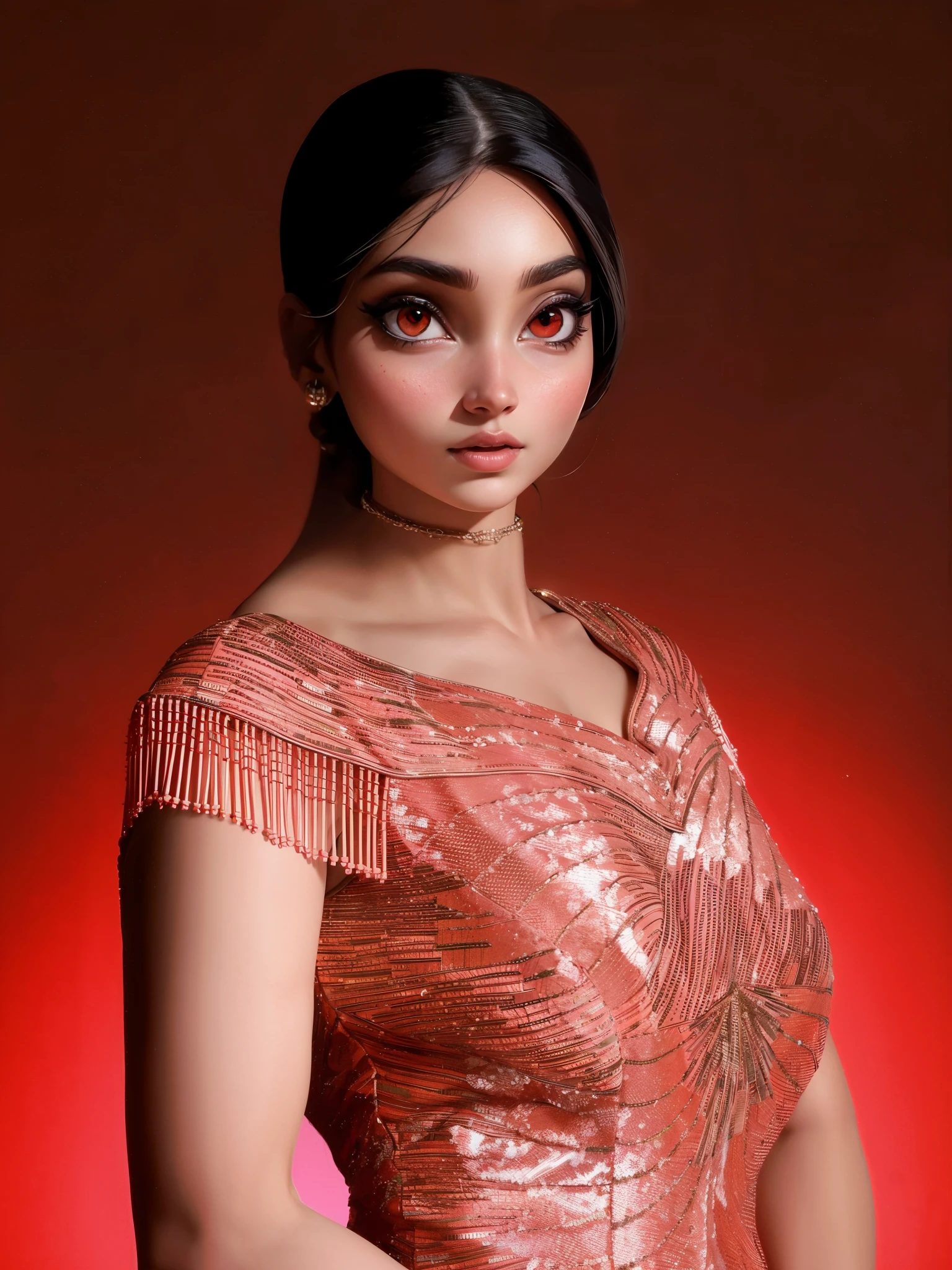 arafed woman in a red dress posing for a picture, red eyes, big eyes, disney character, mid shot portrait, haute couture fashion shoot, photo taken with nikon d 7 5 0, photo taken with nikon d750, indian super model, modeling shoot, taken with sony a7r camera, photo taken with sony a7r camera, greek ameera al taweel