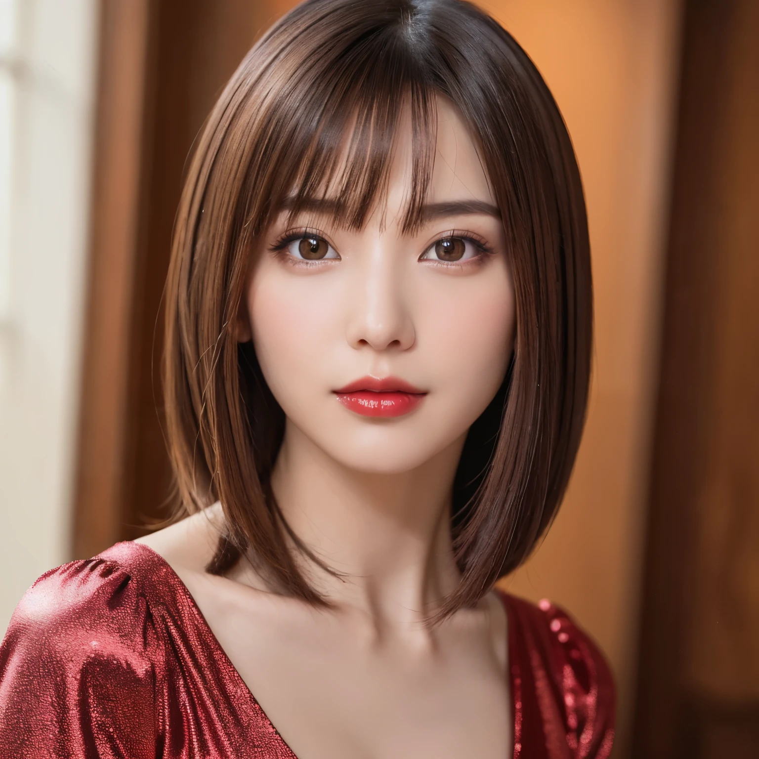 (highest quality、table top、8K、best image quality、Award-winning work)、(ung girl)、(Perfect V-neck red long knit sweater:1.2)、(perfect red v neck sweater:1.1)、(red eyeshadow:1.2)、perfect makeup、long eyelashes、Super high-definition sparkling eyes、ultra high definition hair、ultra high resolution glossy lips、Super high resolution perfect teeth、Super high resolution cute face、brown hair、(very short straight hair:1.1)、look at me and smile、[clavicle]、accurate anatomy、(close up of face:1.5)、Luxury love hotel、(The most moody warm lighting:1.2)、blurred background、With bangs、Super high-resolution glossy and moisturized face、Super high resolution glowing fair skin、most detailed face、Ultra high resolution detailed faces、super high resolution hair、Super high resolution sparkling eyes、Beautiful face drawn in great detail、Super high resolution glossy red lips