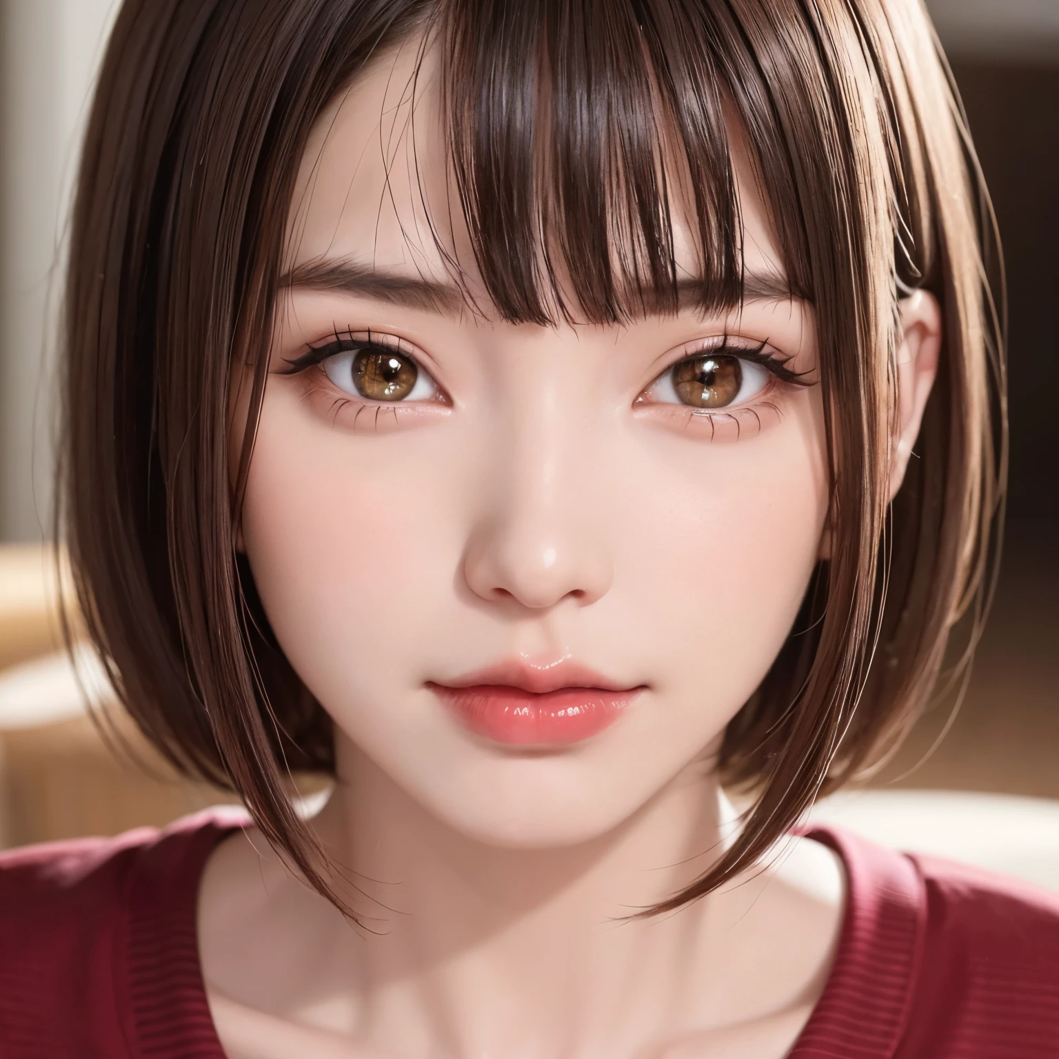 (highest quality、table top、8K、best image quality、Award-winning work)、(1 young girl)、(Perfect V-neck red long knit sweater:1.2)、(perfect red v neck sweater:1.1)、(red eyeshadow:1.2)、perfect makeup、long eyelashes、Super high-definition sparkling eyes、ultra high definition hair、ultra high resolution glossy lips、Super high resolution perfect teeth、Super high resolution cute face、brown hair、(very short straight hair:1.1)、look at me and smile、[clavicle]、accurate anatomy、(close up of face:1.5)、Luxury love hotel、(The most moody warm lighting:1.2)、blurred background、With bangs、Super high-resolution glossy and moisturized face、Super high resolution glowing fair skin、most detailed face、Ultra high resolution detailed faces、super high resolution hair、Super high resolution sparkling eyes、Beautiful face drawn in great detail、Super high resolution glossy red lips