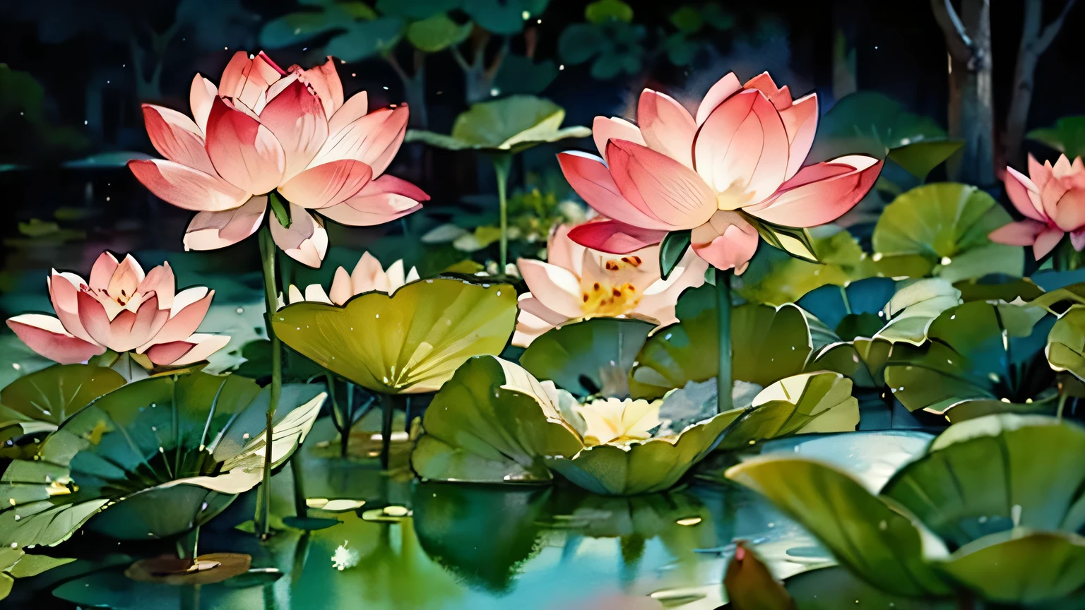 watercolor, lotus, Flowers blooming in a pond with green leaves,