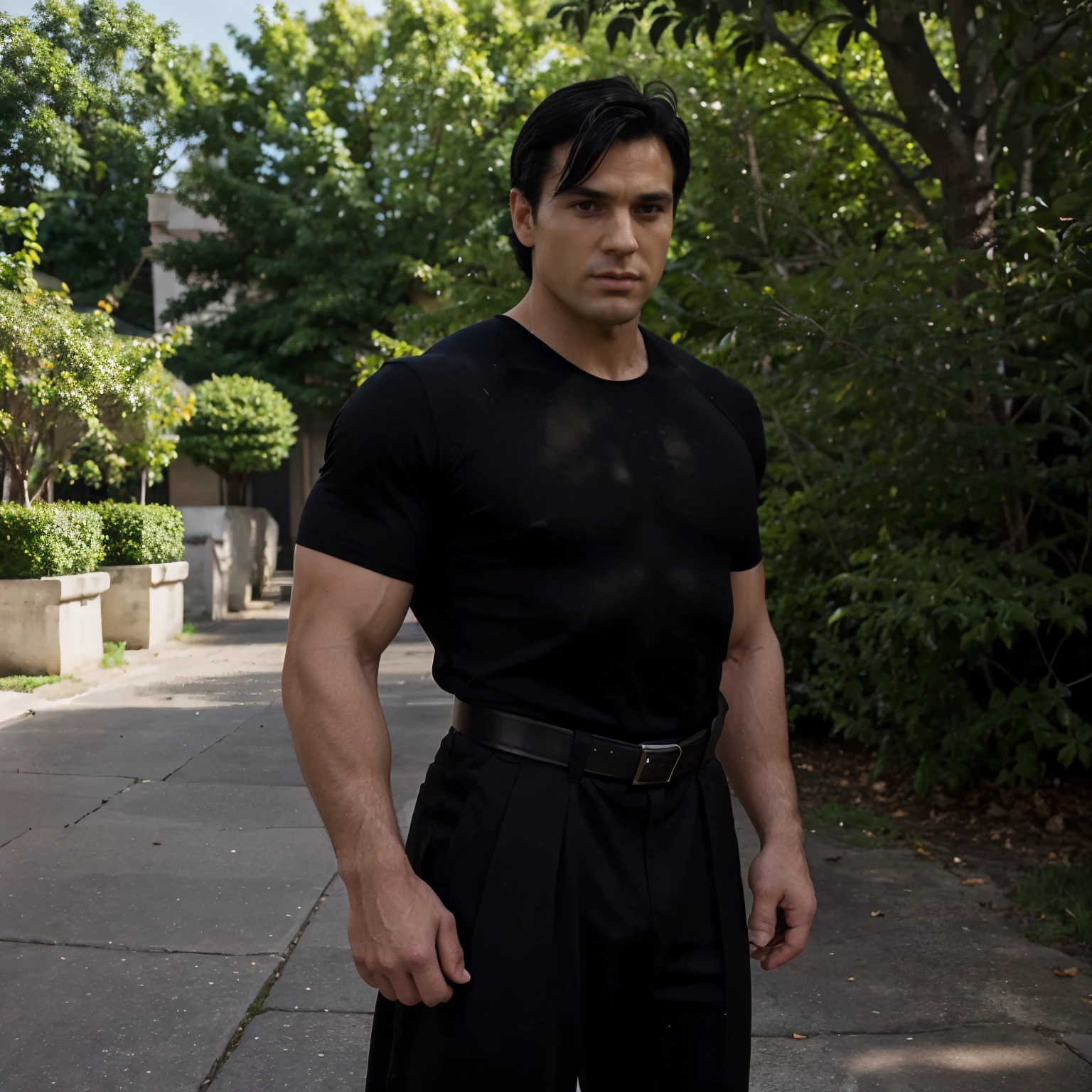 Bruce Wayne, Really musclar man, dhirt black hair, Playboy, pretty, classic 80s hair, short black hair, outside, standing up straight, cute man, close up, man, musclar thighs, big thighs, big biceps,