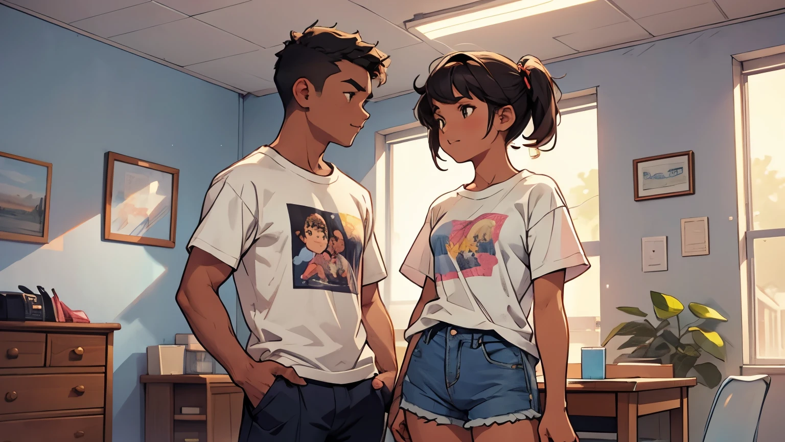 a boy and girl in the same room, girl wear shorts and t shirts