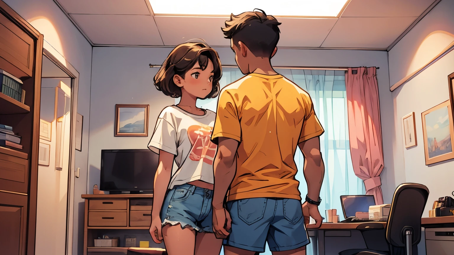 a boy and girl in the same room, girl wear shorts and t shirts