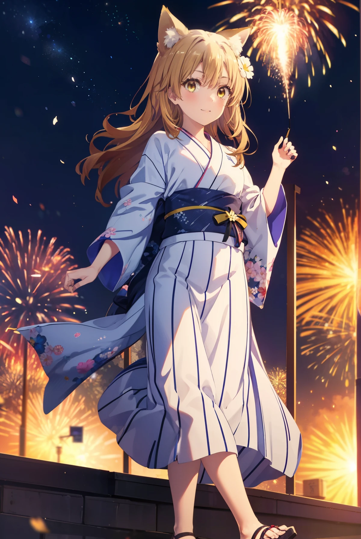 irohaisshiki, Isshiki Iroha, long hair, brown hair, (brown eyes:1.5), smile,animal ears,fox ears,fox tail,flower hair ornament,Yukata with yellow floral pattern,long skirt,Zori sandals,firework in the night sky,firework,The place is a firework display,Time is night,sunny day,So that the whole body is included in the illustration,
break outdoors, 神社
break looking at viewer,
break (masterpiece:1.2), highest quality, High resolution, unity 8k wallpaper, (shape:0.8), (beautiful and detailed eyes:1.6), highly detailed face, perfect lighting, Very detailed CG, (perfect hands, perfect ???????),