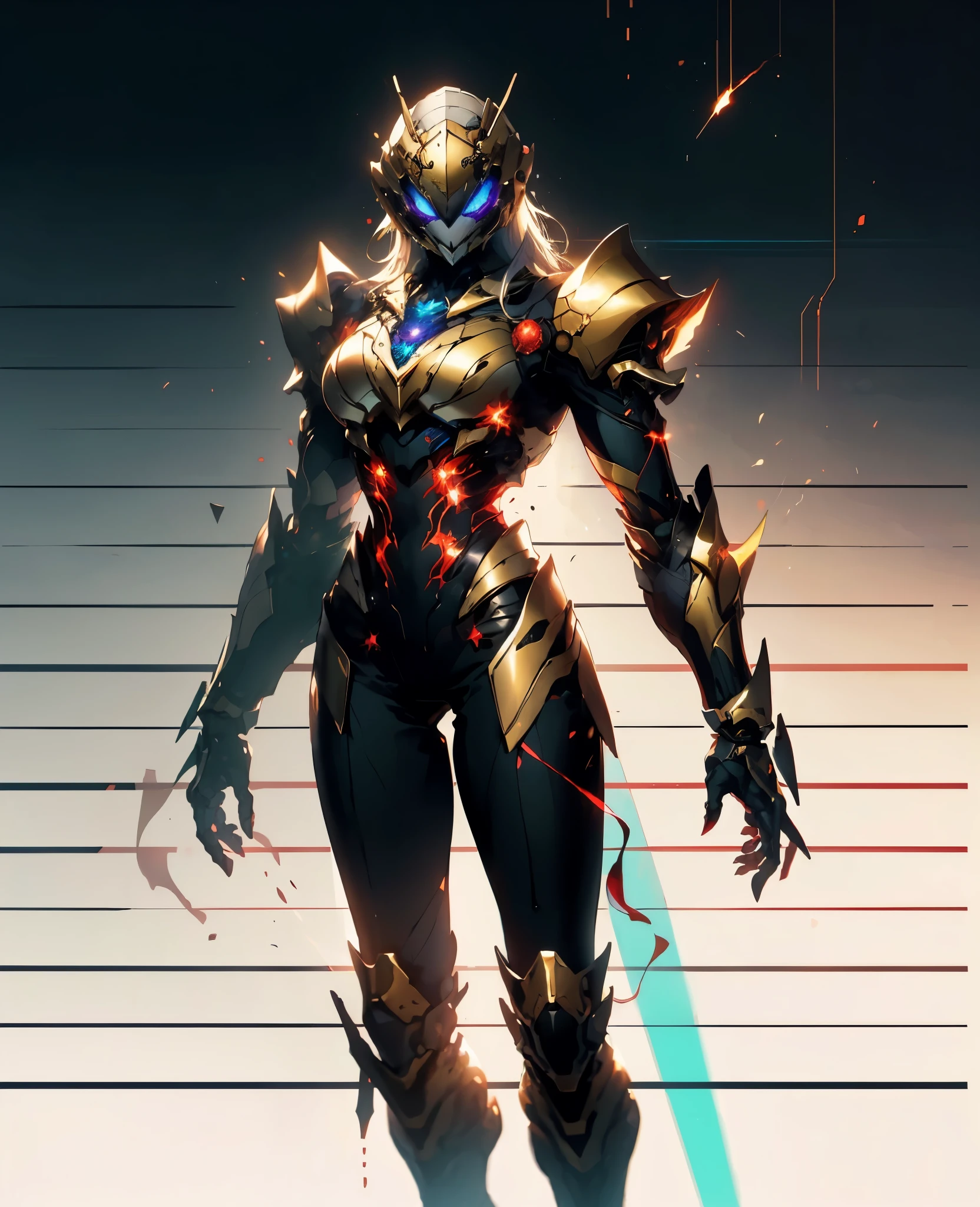 A woman adorned in fantasy-style full-body armor, a crown-concept fully enclosed helmet that unveils only her eyes, a composite layered chest plate, fully encompassing shoulder and hand guards, a lightweight waist armor, form-fitting shin guards, the overall design is heavy-duty yet flexible, (the armor gleams with a golden glow, complemented by red and blue accents), exhibiting a noble aura, she floats above a fantasy-surreal high-tech city, this character embodies a finely crafted fantasy-surreal style armored hero in anime style, exquisite and mature manga art style, (Queen bee and spider mixture concept Armor, plasma, blood), ((Element, bio mecha, long legs, elegant, goddess, femminine:1.5)), metallic, high definition, best quality, highres, ultra-detailed, ultra-fine painting, extremely delicate, professional, anatomically correct, symmetrical face, extremely detailed eyes and face, high quality eyes, creativity, RAW photo, UHD, 32k, Natural light, cinematic lighting, masterpiece-anatomy-perfect, masterpiece:1.5