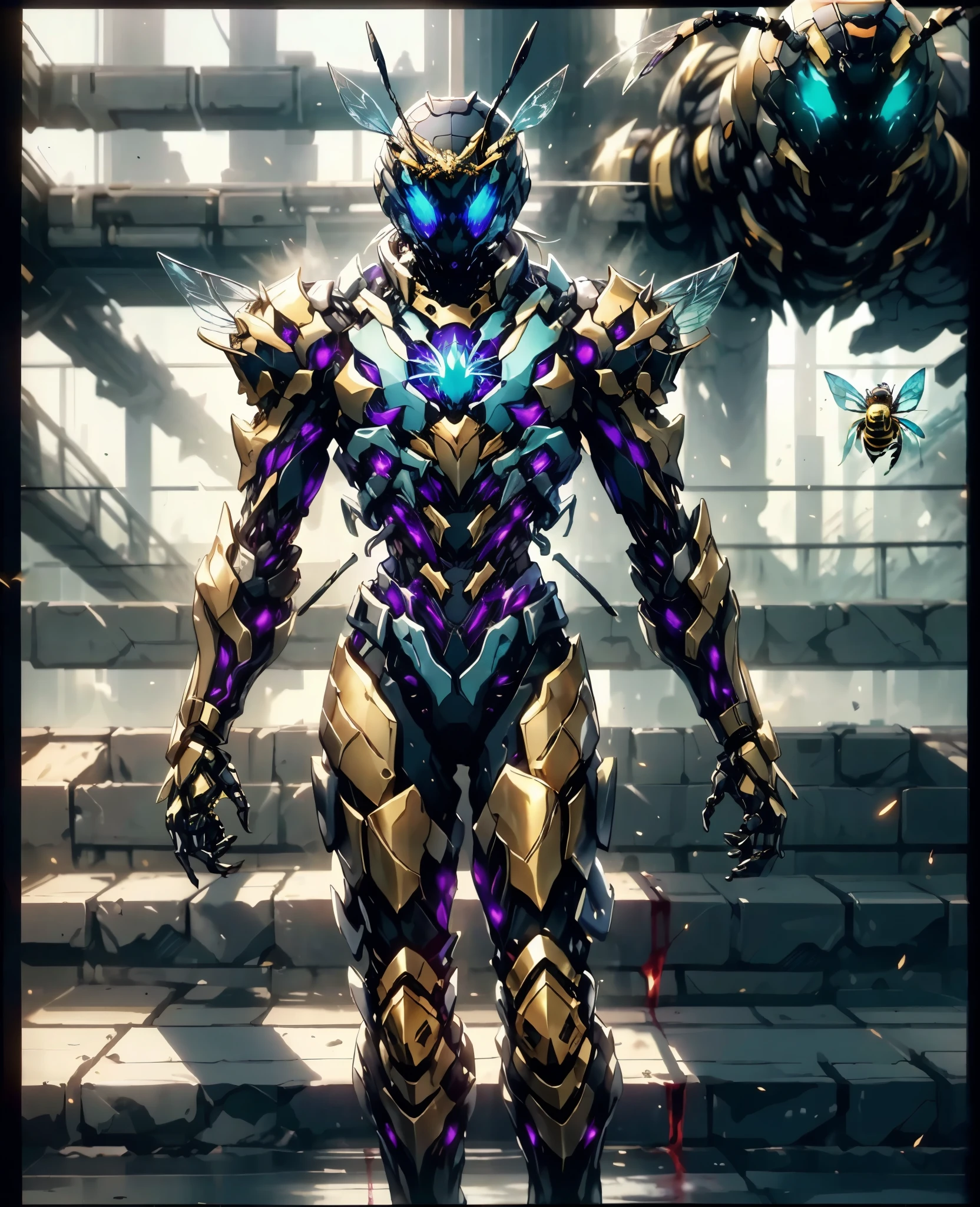 A woman adorned in fantasy-style full-body armor, a crown-concept fully enclosed helmet that unveils only her eyes, a composite layered chest plate, fully encompassing shoulder and hand guards, a lightweight waist armor, form-fitting shin guards, the overall design is heavy-duty yet flexible, (the armor gleams with a golden glow, complemented by red and blue accents), exhibiting a noble aura, she floats above a fantasy-surreal high-tech city, this character embodies a finely crafted fantasy-surreal style armored hero in anime style, exquisite and mature manga art style, (plasma, blood), ((Queen bee and spider hybrid concept Armor, Element, bio mecha, long legs, elegant, goddess, femminine:1.5)), metallic, high definition, best quality, highres, ultra-detailed, ultra-fine painting, extremely delicate, professional, anatomically correct, symmetrical face, extremely detailed eyes and face, high quality eyes, creativity, RAW photo, UHD, 32k, Natural light, cinematic lighting, masterpiece-anatomy-perfect, masterpiece:1.5
