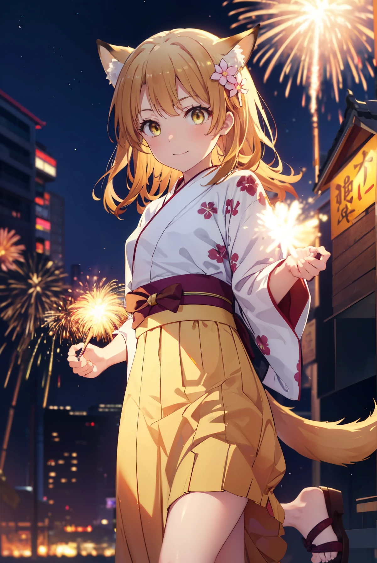 irohaisshiki, Isshiki Iroha, long hair, light brown hair, (brown eyes:1.5), smile,animal ears,fox ears,Animal tail　fox tail,flower hair ornament,Yukata with yellow floral pattern,long skirt,Zori sandals,firework in the night sky,firework,The place is a firework display,Time is night,sunny day,So that the whole body is included in the illustration,
break outdoors, 神社
break looking at viewer,
break (masterpiece:1.2), highest quality, High resolution, unity 8k wallpaper, (shape:0.8), (beautiful and detailed eyes:1.6), highly detailed face, perfect lighting, Very detailed CG, (perfect hands, perfect anatomy),