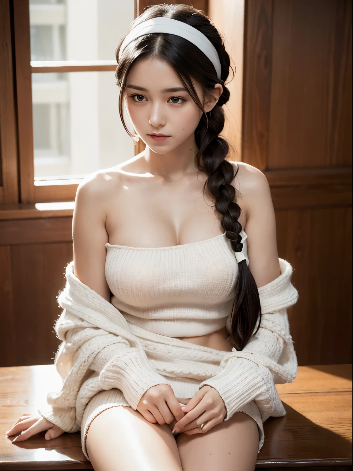 sitting, bare shoulders, very detailed description, (((Loose))) white sweater. big breasts, Half Body Portrait, ((look away)), amazingly beautiful, braid,black hair,white headband, blush, modest,table, Home, hand. very detailed. cinematic lighting, (NSFW)