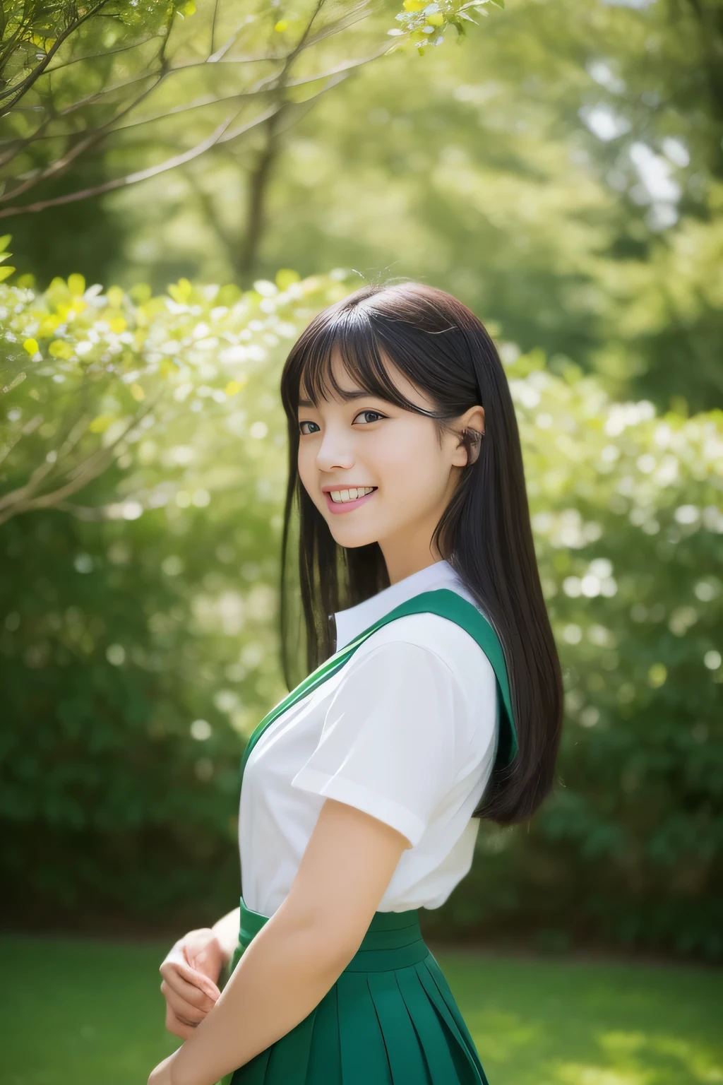 (masterpiece、highest quality、High level image quality、super resolution,8K), (RAW photo:1.2), (Photoreal:1.4), (beautiful girl,sexy,Japanese、cute), Crystal clear black eyes, beautiful black hair, innocent,Not sure , sexyポーズ, (perfect anatomy、perfect and beautiful limbs) , ((Japanese girls&#39; high school uniform、summer、well-maintained、Sense of cleanliness)),laughter , great healthy body, big breasts、finely,garden,Tasteful, sunlight、professional lighting for movies、((dynamic pose)))、(Girl Stand)、professional movie lighting,(artistic pictures)、(Green world)、