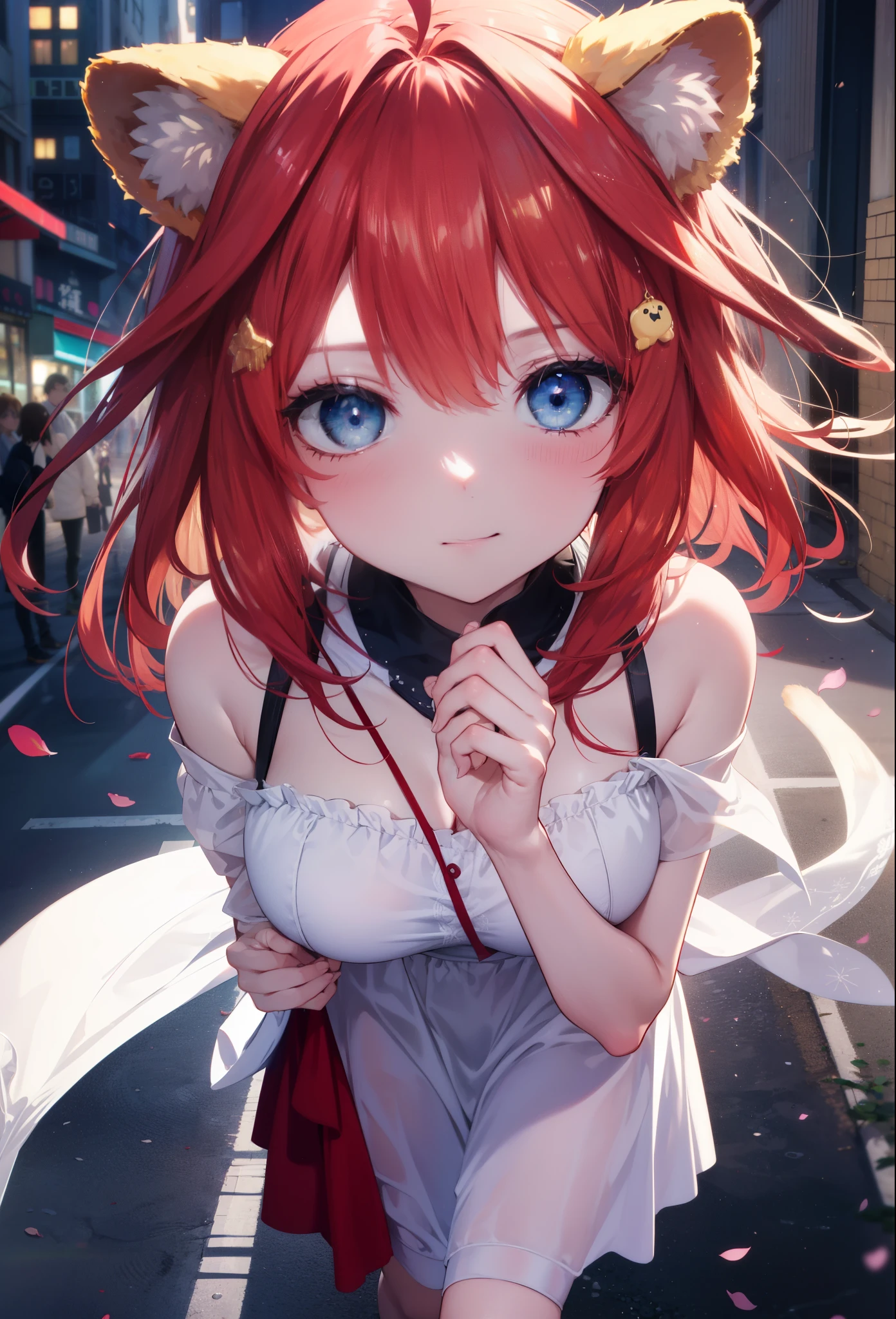 Satsuki Nakano, Itsuki Nakano, bangs, blue eyes, hair between eyes, Ahoge, redhead, star \(symbol\), hair ornaments, smile,blush,star hair ornaments,animal ears　 raccoon ears,Animal tail 　Tanuki tail,bare shoulders,red official shoulder dress,long skirt,very sandals,turn around,city,Walking outdoors, city
壊す (masterpiece:1.2), highest quality, High resolution, unity 8k wallpaper, (shape:0.8), (beautiful and detailed eyes:1.6), highly detailed face, perfect lighting, Very detailed CG, (perfect hands, perfect anatomy),