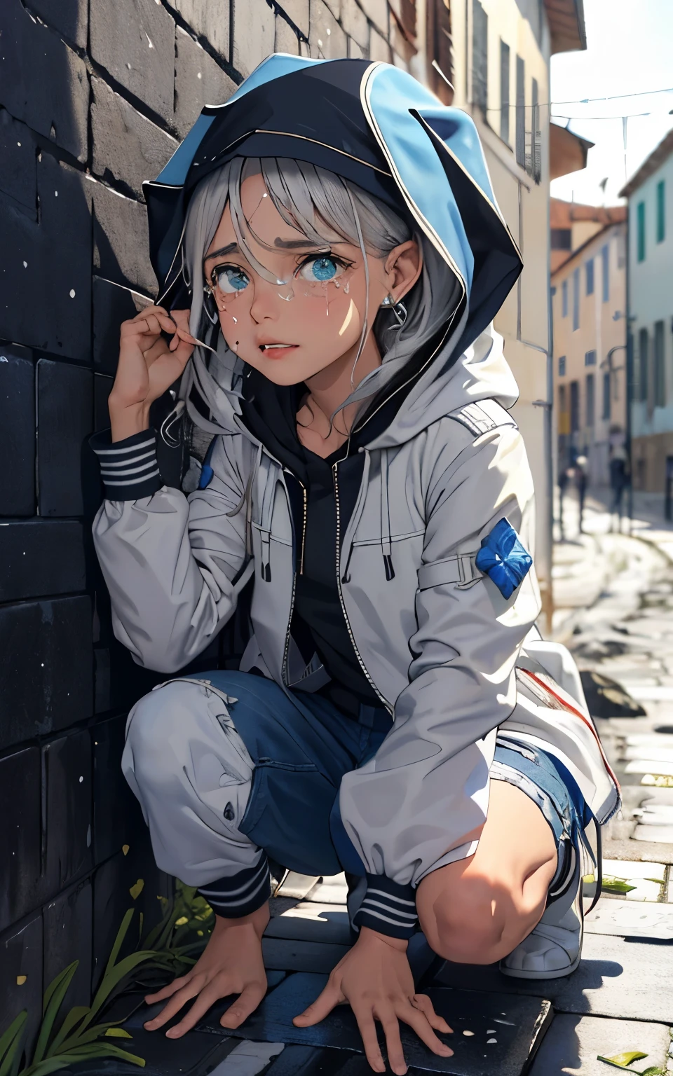 (obra de arte:1.2, melhor qualidade), (imagem real, detalhes intrincados), (noite, escuro, Aguaceiro:1.4)
There was no one in the alley, e os arredores eram silenciosos, apenas as gotas de chuva borrifadas nos beirais de azulejos das casas baixas perto e longe, fazendo um leve som de farfalhar. Na chuva fria, (1 garota, jaqueta com capuz molhado, triste, tears in the eyes, Tremendo:1.2) Crouching on the floor,