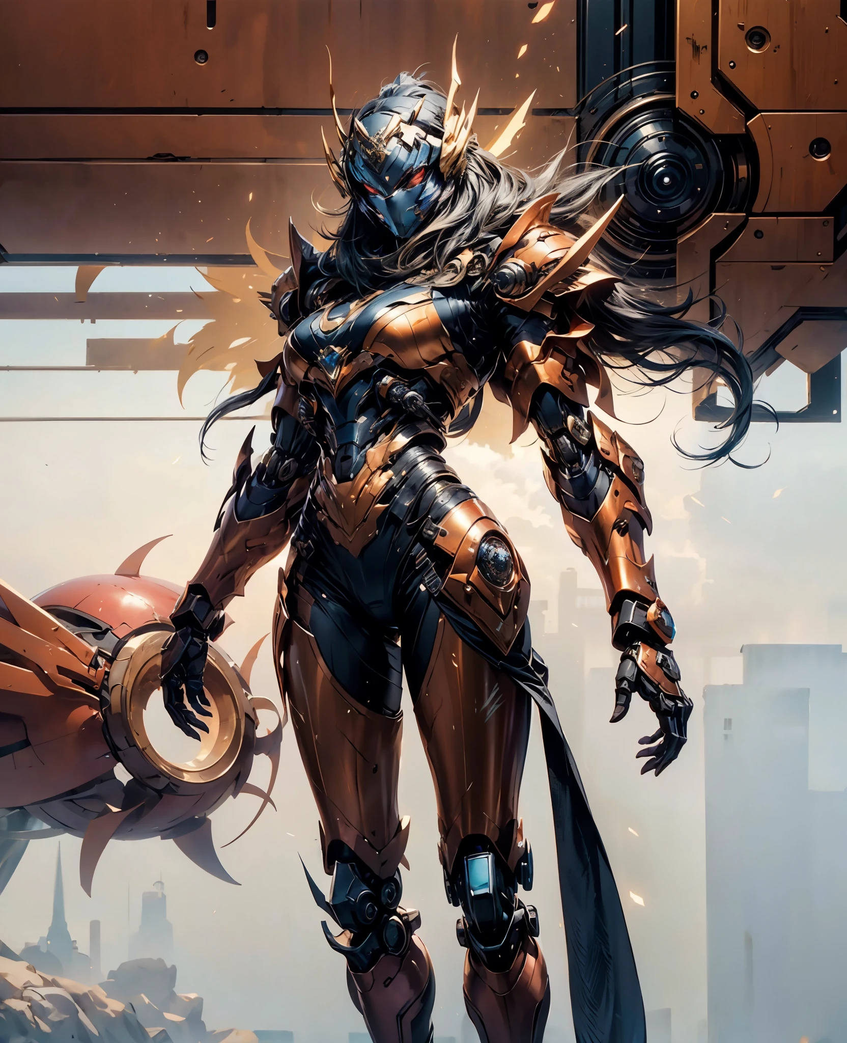 A woman adorned in fantasy-style full-body armor, a crown-concept fully enclosed helmet that unveils only her eyes, a composite layered chest plate, fully encompassing shoulder and hand guards, a lightweight waist armor, form-fitting shin guards, the overall design is heavy-duty yet flexible, (the armor gleams with a golden glow, complemented by red and blue accents), exhibiting a noble aura, she floats above a fantasy-surreal high-tech city, this character embodies a finely crafted fantasy-surreal style armored hero in anime style, exquisite and mature manga art style, (Queen bee and spider mixture concept Armor, plasma, blood), ((Element, bio mecha, long legs, elegant, goddess, femminine:1.5)), metallic, high definition, best quality, highres, ultra-detailed, ultra-fine painting, extremely delicate, professional, anatomically correct, symmetrical face, extremely detailed eyes and face, high quality eyes, creativity, RAW photo, UHD, 32k, Natural light, cinematic lighting, masterpiece-anatomy-perfect, masterpiece:1.5