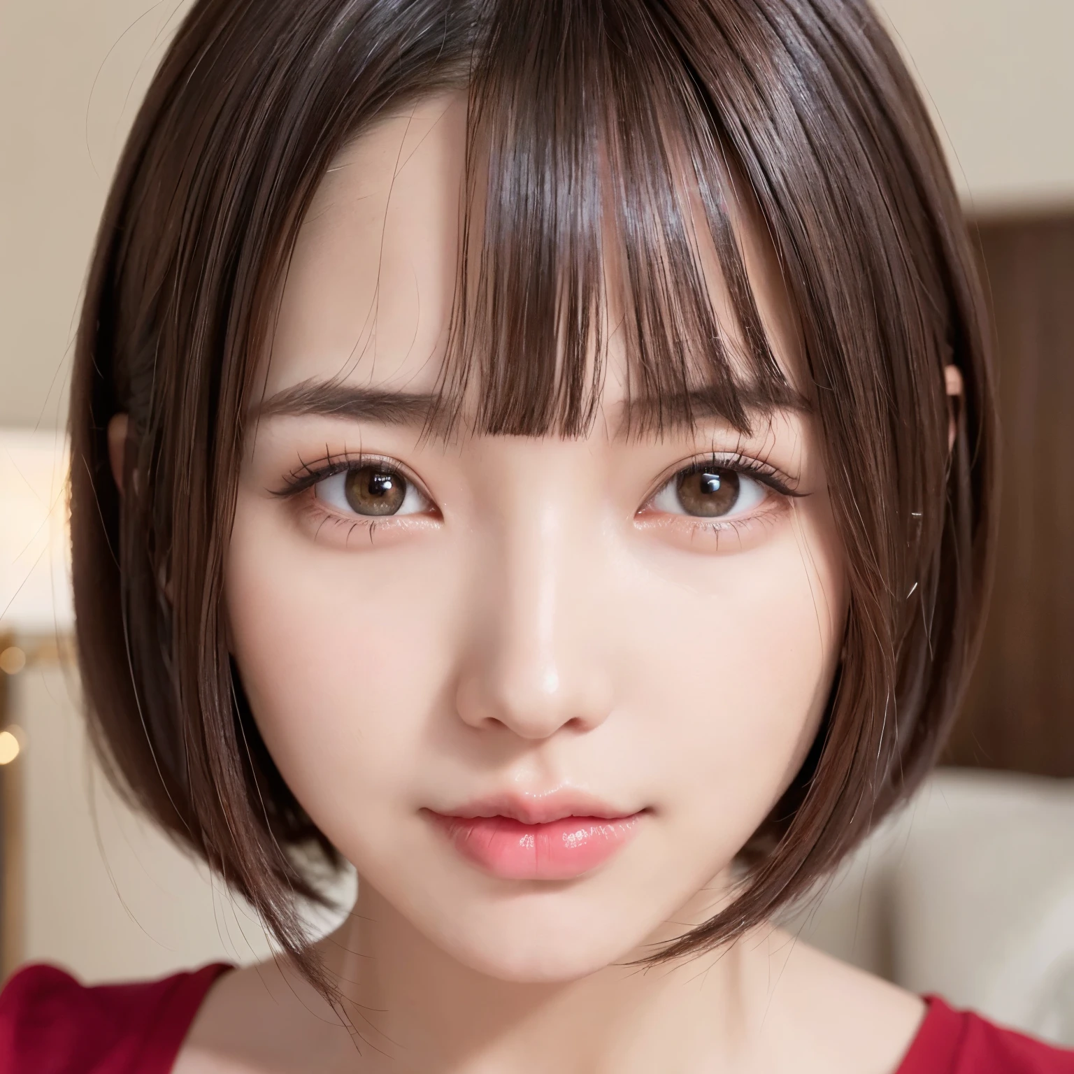 (highest quality、table top、8K、best image quality、Award-winning work)、(1  girl)、(Perfect V-neck red long knit sweater:1.2)、(perfect red v neck sweater:1.1)、(red eyeshadow:1.2)、perfect makeup、long eyelashes、Super high-definition sparkling eyes、ultra high definition hair、ultra high resolution glossy lips、Super high resolution perfect teeth、Super high resolution cute face、brown hair、(very short straight hair:1.1)、look at me and smile、[clavicle]、accurate anatomy、(close up of face:1.5)、Luxury love hotel、(The most moody warm lighting:1.2)、blurred background、With bangs、Super high-resolution glossy and moisturized face、Super high resolution glowing fair skin、most detailed face、Ultra high resolution detailed faces、super high resolution hair、Super high resolution sparkling eyes、Beautiful face drawn in great detail、Super high resolution glossy red lips