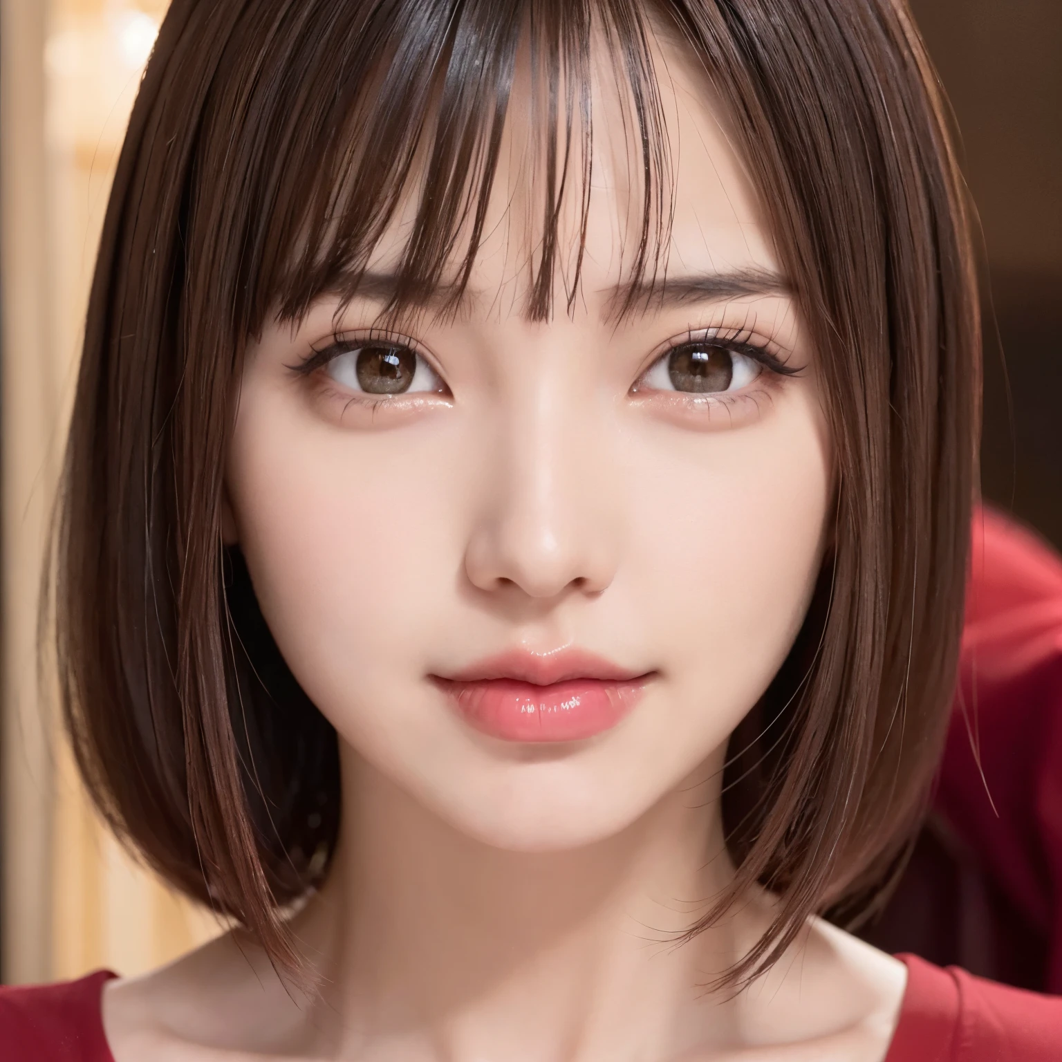 (highest quality、table top、8K、best image quality、Award-winning work)、(1 young girl)、(Perfect V-neck red long knit sweater:1.2)、(perfect red v neck sweater:1.1)、(red eyeshadow:1.2)、perfect makeup、long eyelashes、Super high-definition sparkling eyes、ultra high definition hair、ultra high resolution glossy lips、Super high resolution perfect teeth、Super high resolution cute face、brown hair、(very short straight hair:1.1)、look at me and smile、[clavicle]、accurate anatomy、(close up of face:1.5)、Luxury love hotel、(The most moody warm lighting:1.2)、blurred background、With bangs、Super high-resolution glossy and moisturized face、Super high resolution glowing fair skin、most detailed face、Ultra high resolution detailed faces、super high resolution hair、Super high resolution sparkling eyes、Beautiful face drawn in great detail、Super high resolution glossy red lips