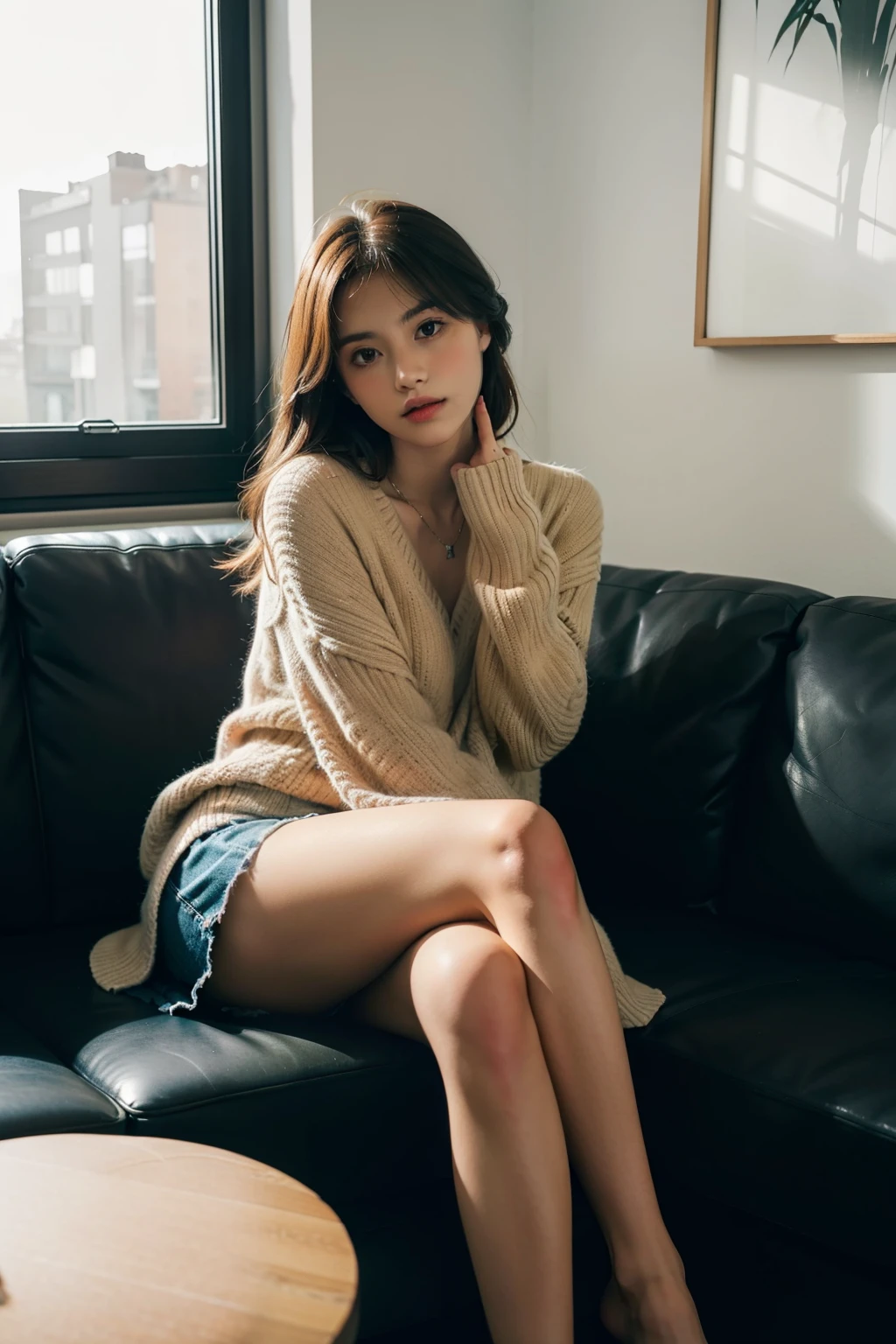 1 girl,Sit on the comfortable sofa,cross your legs,soft light