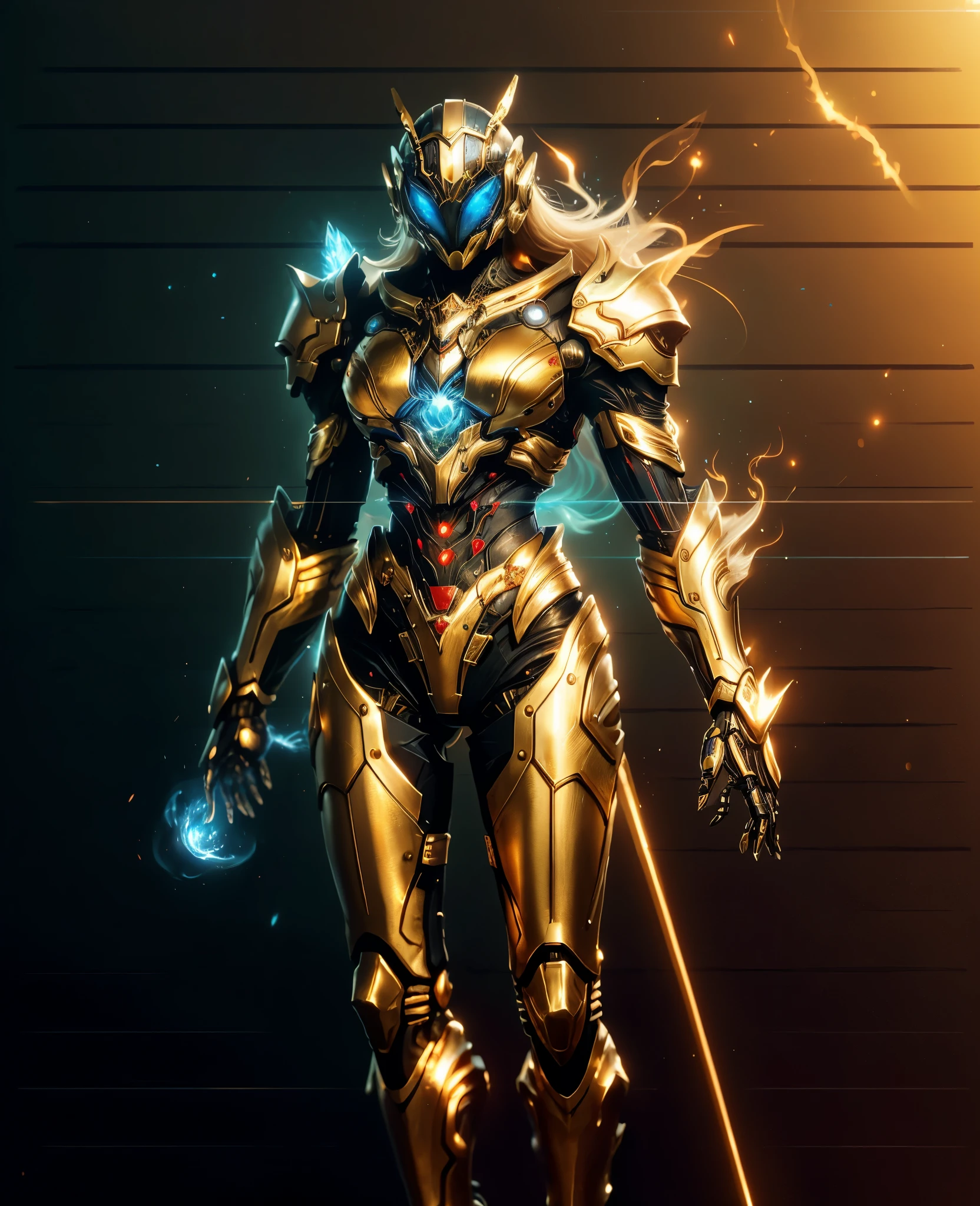 A woman adorned in fantasy-style full-body armor, a crown-concept fully enclosed helmet that unveils only her eyes, a composite layered chest plate, fully encompassing shoulder and hand guards, a lightweight waist armor, form-fitting shin guards, the overall design is heavy-duty yet flexible, (the armor gleams with a golden glow, complemented by red and blue accents), exhibiting a noble aura, she floats above a fantasy-surreal high-tech city, this character embodies a finely crafted fantasy-surreal style armored hero in anime style, exquisite and mature manga art style, (Queen bee and spider mixture concept Armor, plasma, blood), ((Element, bio mecha, long legs, elegant, goddess, femminine:1.5)), metallic, high definition, best quality, highres, ultra-detailed, ultra-fine painting, extremely delicate, professional, anatomically correct, symmetrical face, extremely detailed eyes and face, high quality eyes, creativity, RAW photo, UHD, 32k, Natural light, cinematic lighting, masterpiece-anatomy-perfect, masterpiece:1.5