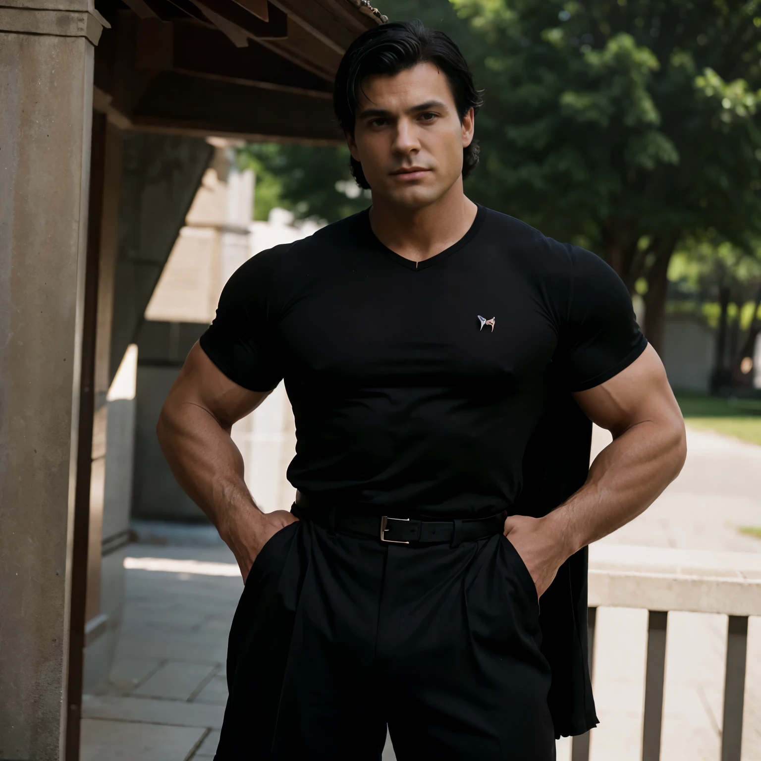 Bruce Wayne, Really musclar man, dhirt black hair, Playboy, pretty, classic 80s hair, short black hair, outside, standing up straight, cute man, close up, man, musclar thighs, big thighs, big biceps,