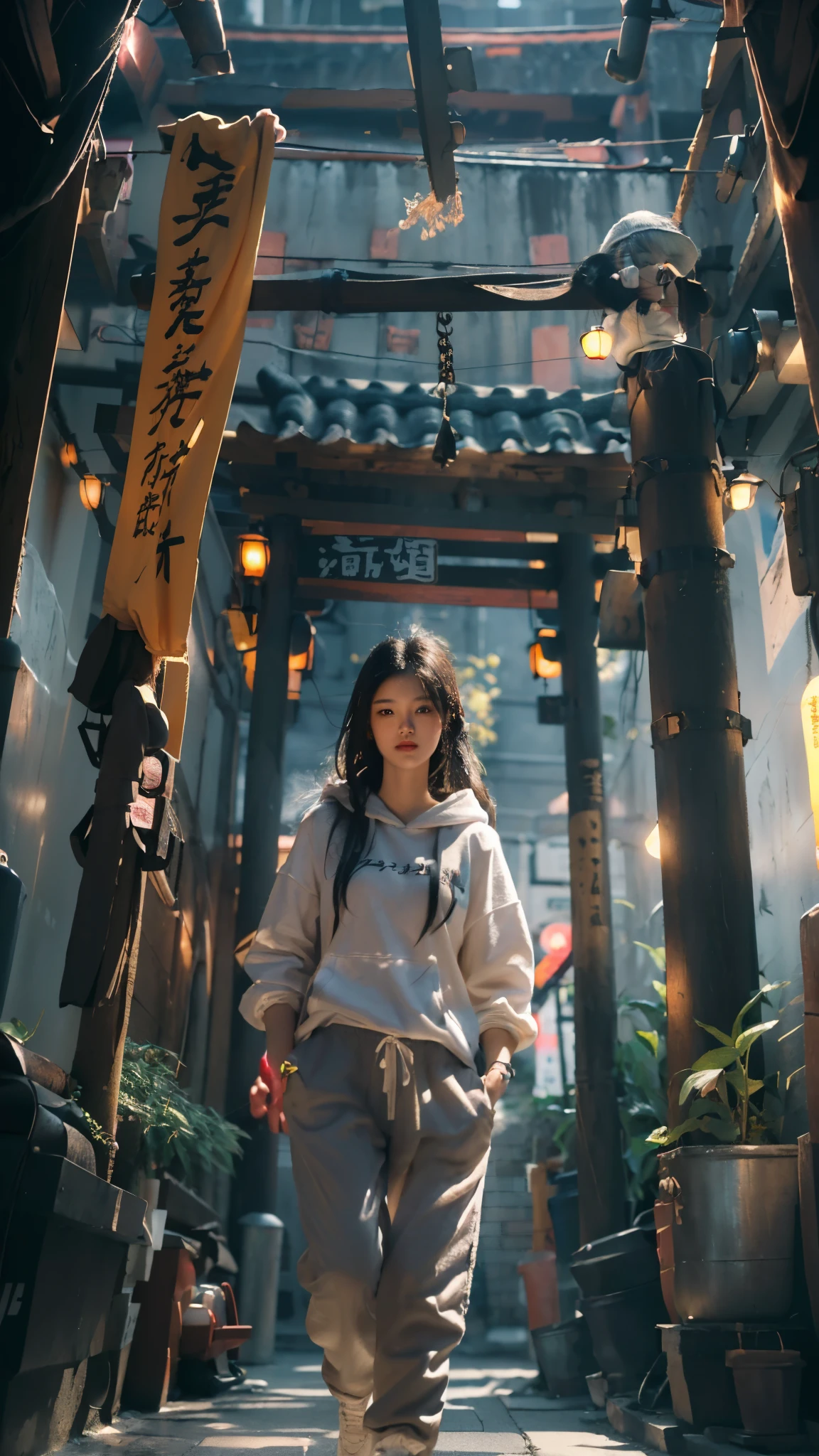 Best quality at best, Raw image, realistic texture, ((reflection)), steampunk city of Japanese, village of Japanese, japan gate, Chinese architecture, Japanese architecture, 1girl, camera focus object (focus in girl), (relax pose), relax hand, black gradient white hair, epic dramatic cinematic tone, soft lighting, (( perfect female hair masterpiece)), (SLIM long PANTS), hair with light black hair, 18-year-old face woman, eye masterpiece, pores1.5, skin masterpiece, realistic shadow, slender legs, very slender female physique, yellow jumper hoodie, oversize hoodie, cotton wearing masterpiece, realistic texture sneakers shoe, tall girl, brunette black hair, Chinese woman, Live the life of Riley, ((long solid cotton trousers)), clear sky, cyberpunk backpack, (youth sneaker shoe), ((Depth of field super bokeh)), reflection, lighting from side masterpiece, dramatic side lighting, Background blur, mystical dark Japanese steampunk city neon glow light portal, light ray realistic masterpiece, warm sun light, warm ray light, glow light, random light color for the best combination, (best texture masterpiece (texture girl cotton wearing, realistic alleyway, realistic brick walls, realistic doors, realistic windows, realistic ground texture, realistic cobblestone, realistic paved ground, realistic street lights, realistic neon signs, realistic beverage cans, realistic bottles, realistic posters, realistic graffiti, realistic drain pipes, realistic wiring, realistic sky, realistic rooftop, realistic plants, realistic weeds, realistic parked bicycles, realistic wood material, realistic puddles, realistic wet)), vivid color, vivid glow color masterpiece, slim cotton trousers, youth hoodie, super cotton wearing, beauti face, ((random best contrast setting)), japan gate, japan wood pillar, ((Japanese building)), cyberpunk city, realistic water, water in the ground, wet in the ground, (ultra wall texture),((vivid color)),
