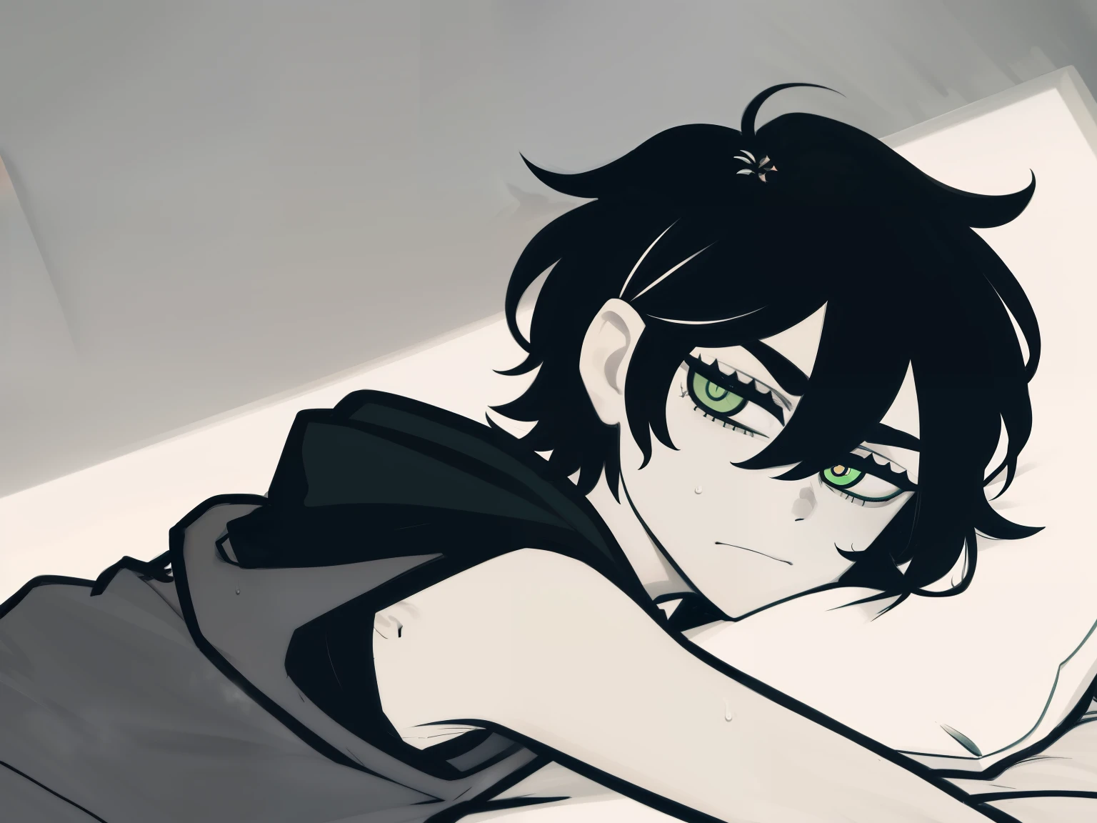 highres, monochrome,tcoaal, solo, looking at viewer, short hair, shirt, 1boy, Andy graves, hair between eyes, closed mouth,black hair, green eyes, Seen from side, Lying on the bed, Sleeveless hoodie, male focus, Sweat, Simple background, messy hair, bright pupils, outline, white pupils, white outline,