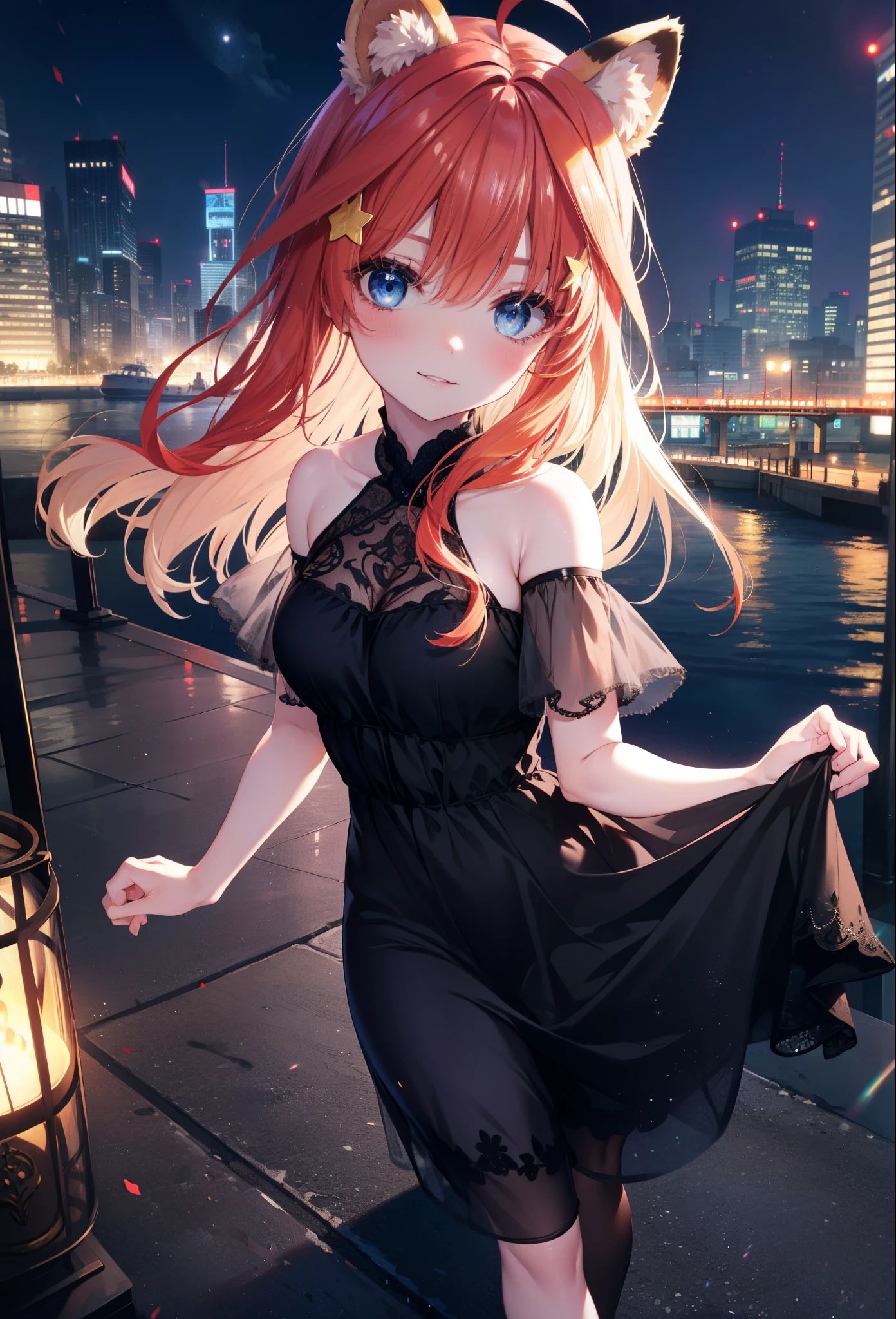 Satsuki Nakano, Itsuki Nakano, bangs, blue eyes, hair between eyes, Ahoge, redhead, star \(symbol\), hair ornaments, smile,blush,star hair ornaments,animal ears raccoon ears,Animal tail Tanuki tail,bare shoulders,red official shoulder dress,long skirt,very sandals,turn around,city,Walking outdoors, city
壊す (masterpiece:1.2), highest quality, High resolution, unity 8k wallpaper, (shape:0.8), (beautiful and detailed eyes:1.6), highly detailed face, perfect lighting, Very detailed CG, (perfect hands, perfect anatomy),