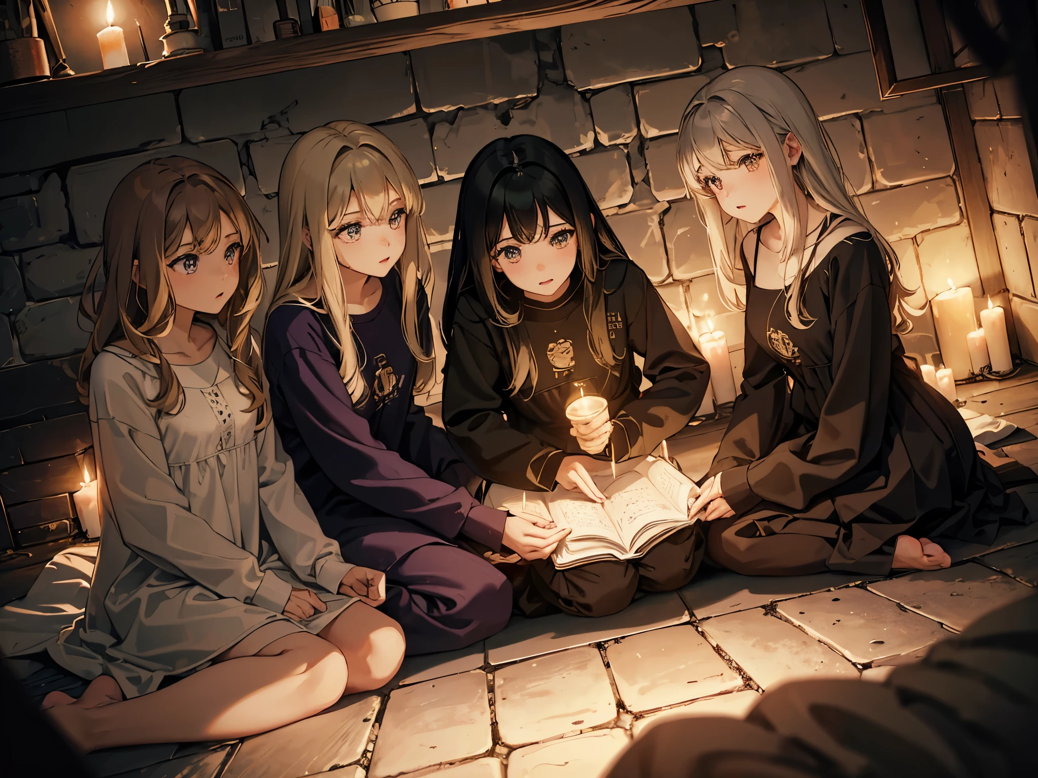 anime, UHD, masterpiece, ccurate, high details, highres, 1080P, HD, 4K, 8k, 16k, best quality, high quality, super detail, anatomically correct, multiple girls, pajamas, night time clothes, sleepover, in basement, basemen, sitting around a pentagram, pentagram, in candle light, night, dark, 5 girls, 5 women, teen, teenagers, teens, young, high school girls at a sleepover, camera close, cropped on 5 girls, cropped, portrait of 5 girls, stone dungeon, dungeon, dark dungeon,A photo of 5 teenage girls wearing pyjamas that dont coverthe shoulders, each pyjama is dfferent. The girls are a mix of blonde and black hared people, some of the girls have curvy figure while others are more chubby or slim. They are sitting on the floor of a stone brick basement that has a pentagram engraved on the floor, the pentagram is illuminated by candles: