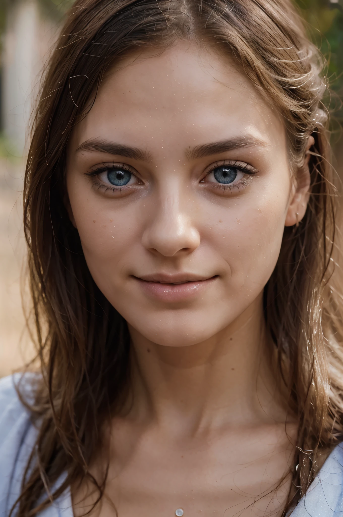 close up shot skinny anorexic and boney girl, she has blue hyper realistic and detailed eyes, she is smiling ,her face and skin is meticulously detailed, she is outside in the sunshine ,her hair is wet,  she is wearing clothing, her skin is wet ,looking away from the camera, she has meticulously detailed skin, meticulously detailed face and iris , its hyper realism ,she has hyper realistic hands, meticulously detailed feet, she has meticulously detailed fingers, meticulously detailed, she has meticulously detailed finger nails, she has blonde hair and large eyes, its a classic photography shoot and she is clothed, devious eyes, violet myers, without makeup, natural makeup, face with artgram, subtle makeup, stunning ultra 8k shot outside on a  rainy day , medium bust