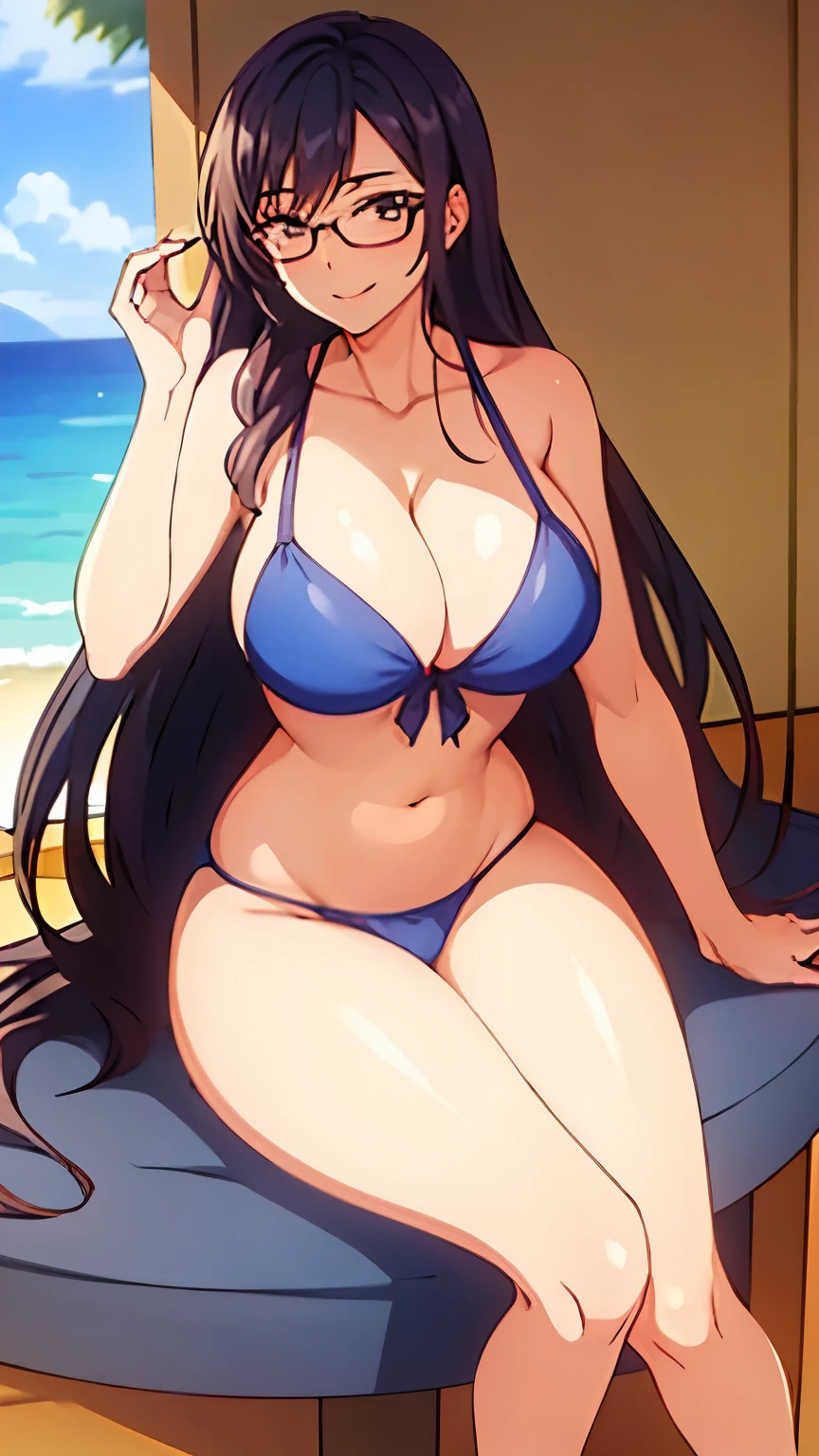 1 milf, long hair, smiling, wearing glasses, wearing a bikini, sitting, legs wide open