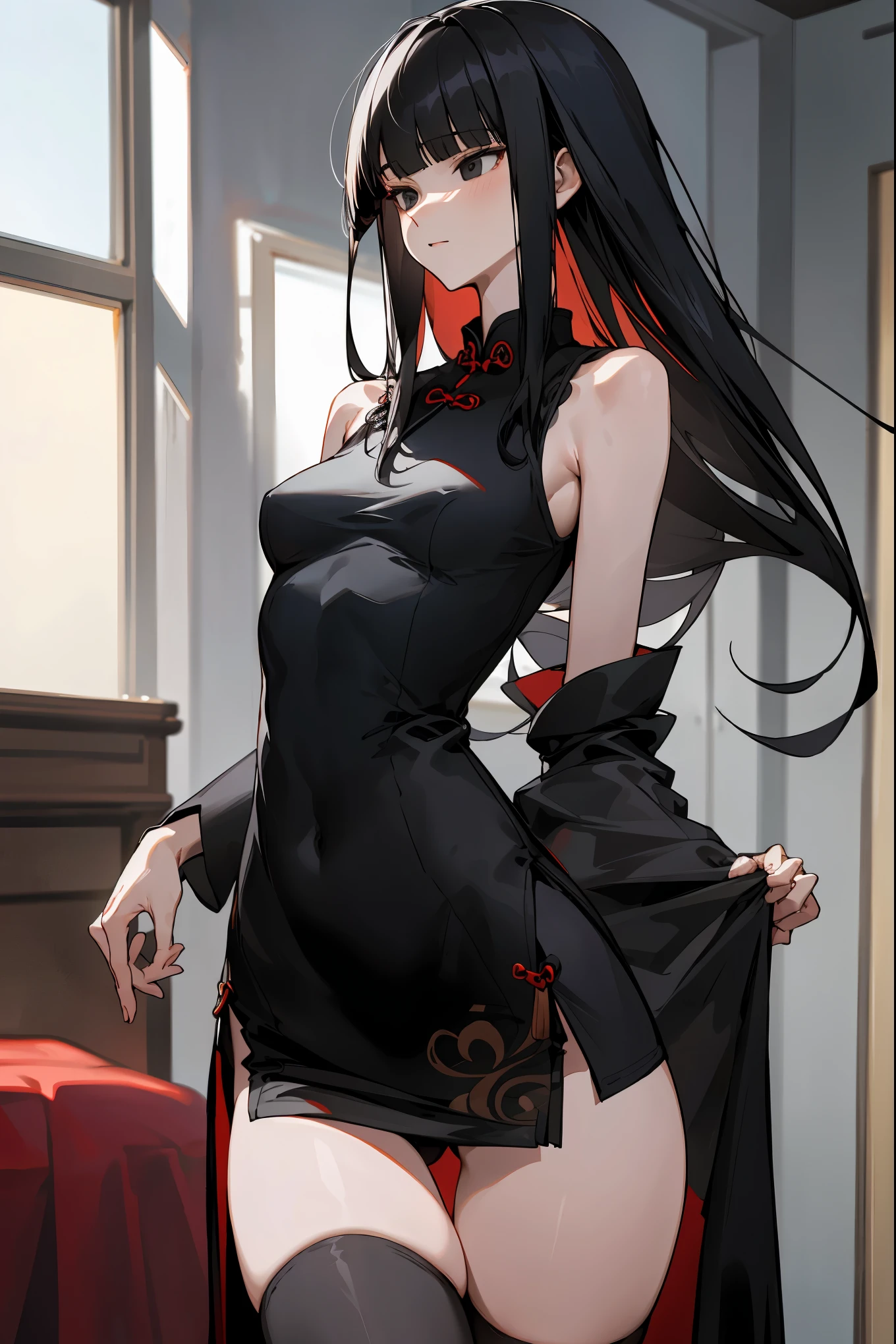 masterpiece,Perfect Anatomy,  1woman,solo,cowboy shot,20 year old beauty,black hair,long  hair,blunt  bangs,black eyes ,slender body,ideal ratio body proportions,medium breasts,short black cheongsam dress、sleeveless、deep slit,thigh_gap, black_thighhighs,standing,simple bedroom、indoor lighting、simple hotel、