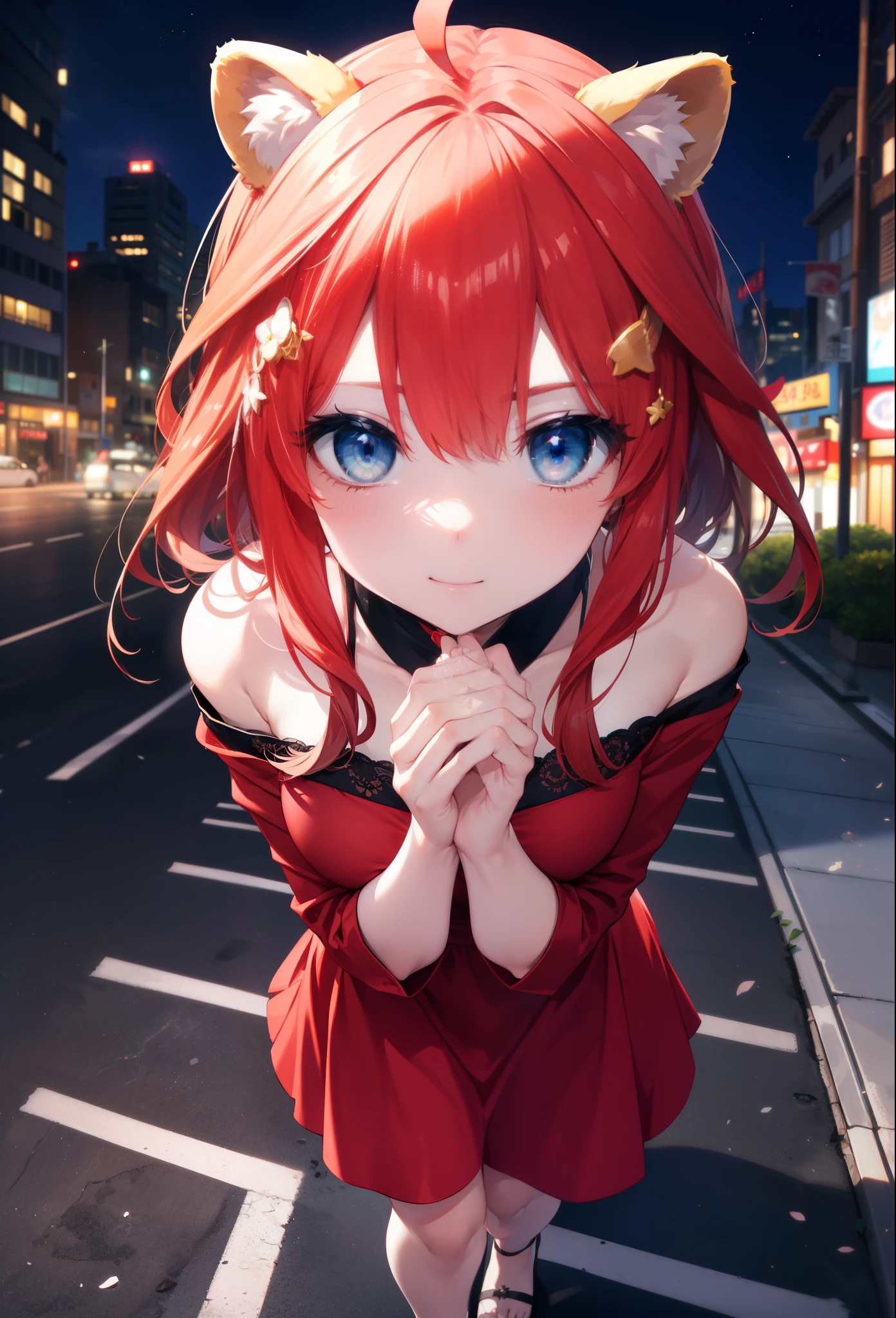 Satsuki Nakano, Itsuki Nakano, bangs, blue eyes, hair between eyes, Ahoge, redhead, star \(symbol\), hair ornaments, smile,blush,star hair ornaments,animal ears　 raccoon ears,Animal tail 　Tanuki tail,bare shoulders,red official shoulder dress,long skirt,very sandals,turn around,city,Walking outdoors, city
壊す (masterpiece:1.2), highest quality, High resolution, unity 8k wallpaper, (shape:0.8), (beautiful and detailed eyes:1.6), highly detailed face, perfect lighting, Very detailed CG, (perfect hands, perfect anatomy),