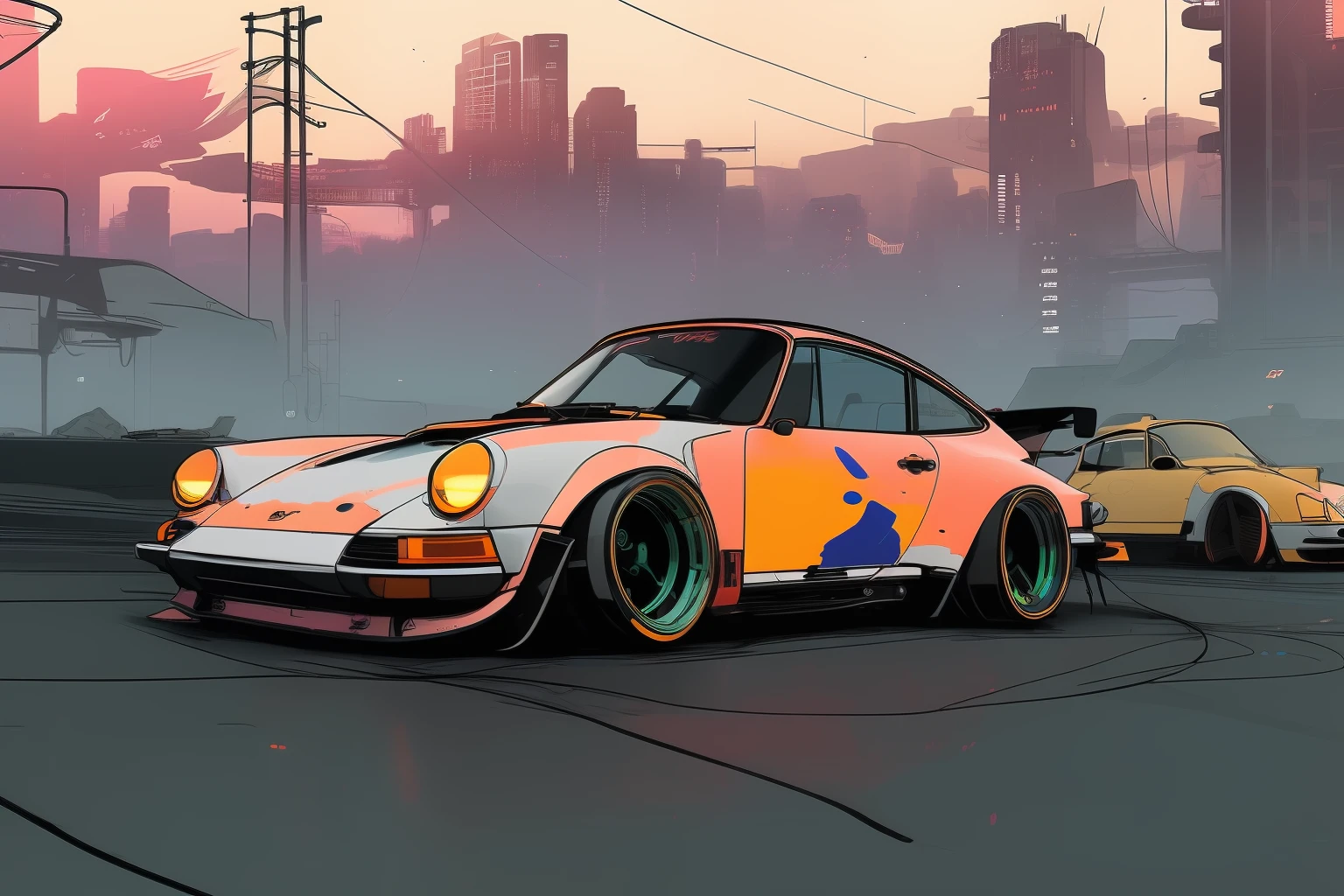 nvinkpunk, painting of Gautam city with a Porsche 911 rwb rotting,wide bodykit, high quality,