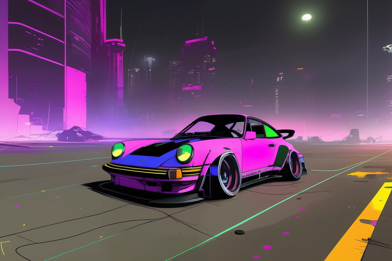 nvinkpunk, painting of Gautam city with a Porsche 911 rwb rotting,wide bodykit, high quality,