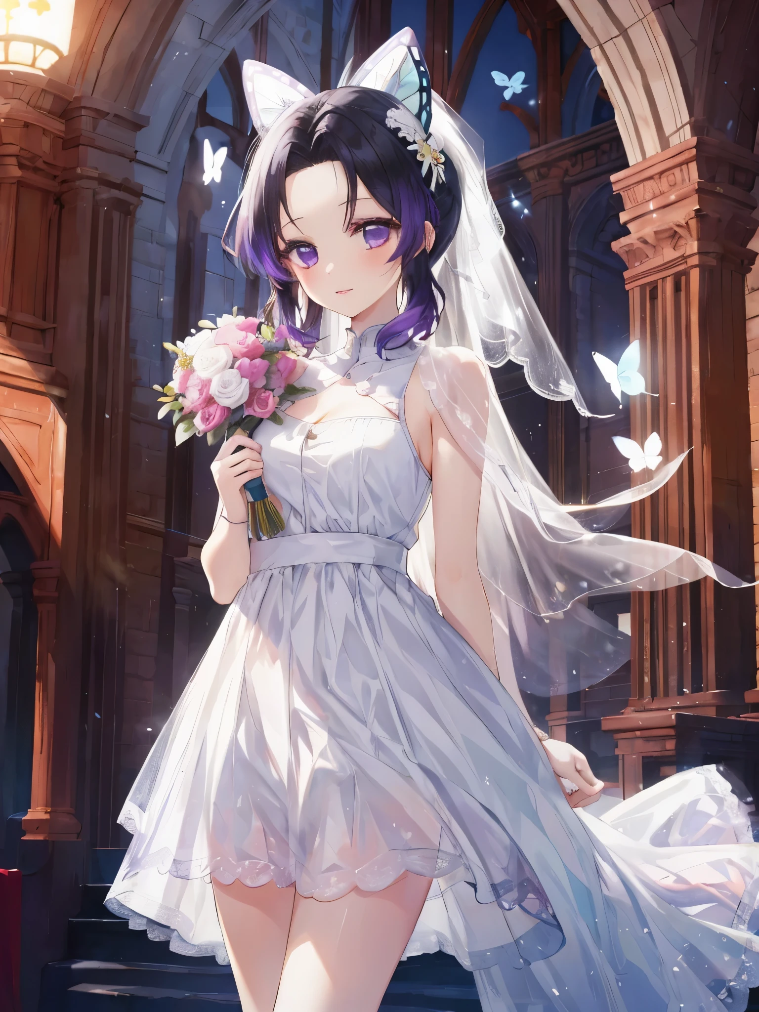 masterpiece, highest quality, High resolution, 1 girl, alone, butterfly hair ornament, purple eyes, colorful hair, short hair, parted bangs, cowboy shot, forest, night, moon, High resolution,masterpiece,highest quality, ,1 girl, alone, hair flower, wedding d again ss, holding a bouquet in hand, Chacha, smile, church, white bridal veil, Wedding dress, wedding style, whole body