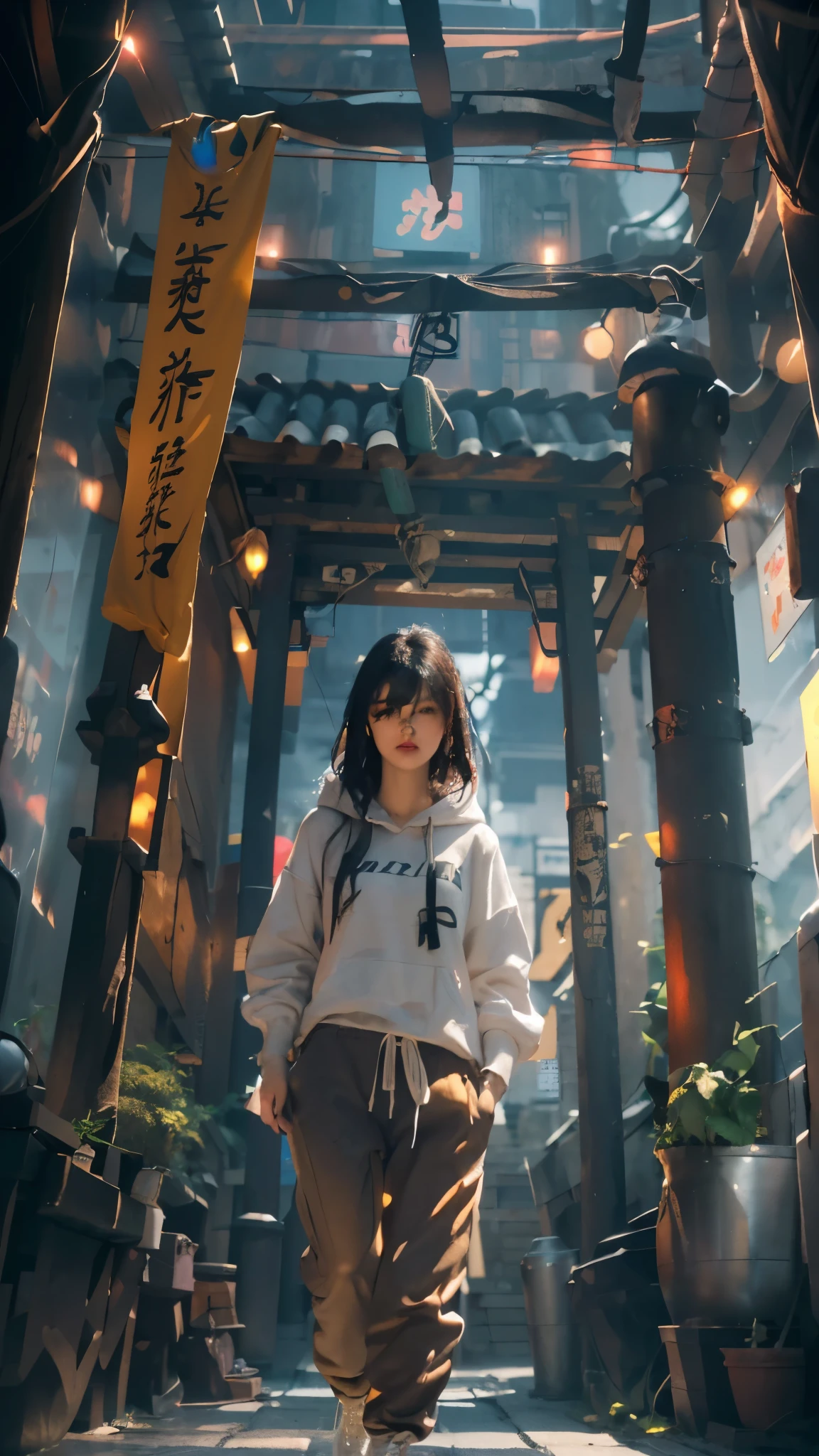 Best quality at best, Raw image, realistic texture, ((reflection)), steampunk city of Japanese, village of Japanese, japan gate, Chinese architecture, Japanese architecture, 1girl, camera focus object (focus in girl), (relax pose), relax hand, black gradient white hair, epic dramatic cinematic tone, soft lighting, (( perfect female hair masterpiece)), (SLIM long PANTS), light black hair, 18-year-old face woman, detail of beautiful eye masterpiece, pores1.5, detail skin masterpiece, realistic shadow, slender legs, very slender female physique, yellow jumper hoodie, oversize hoodie, cotton wearing masterpiece, realistic texture sneakers shoe, tall girl, brunette black hair, Chinese woman, Live the life of Riley, ((long solid cotton trousers)), clear sky, cyberpunk backpack, (youth sneaker shoe), ((Depth of field super bokeh)), reflection, lighting from side masterpiece, dramatic side lighting, Background blur, mystical dark Japanese steampunk city neon glow light portal, light ray realistic masterpiece, warm sun light, warm ray light, glow light, random light color for the best combination, (best texture masterpiece (texture girl cotton wearing, realistic alleyway, realistic brick walls, realistic doors, realistic windows, realistic ground texture, realistic cobblestone, realistic paved ground, realistic street lights, realistic neon signs, realistic beverage cans, realistic bottles, realistic posters, realistic graffiti, realistic drain pipes, realistic wiring, realistic sky, realistic rooftop, realistic plants, realistic weeds, realistic parked bicycles, realistic wood material, realistic puddles, realistic wet)), vivid color, vivid glow color masterpiece, slim cotton trousers, youth hoodie, super cotton wearing, beauti face, ((random best contrast setting)), japan gate, japan wood pillar, ((Japanese building)), cyberpunk city, realistic water, water in the ground, wet in the ground, (ultra wall texture),((vivid color)),