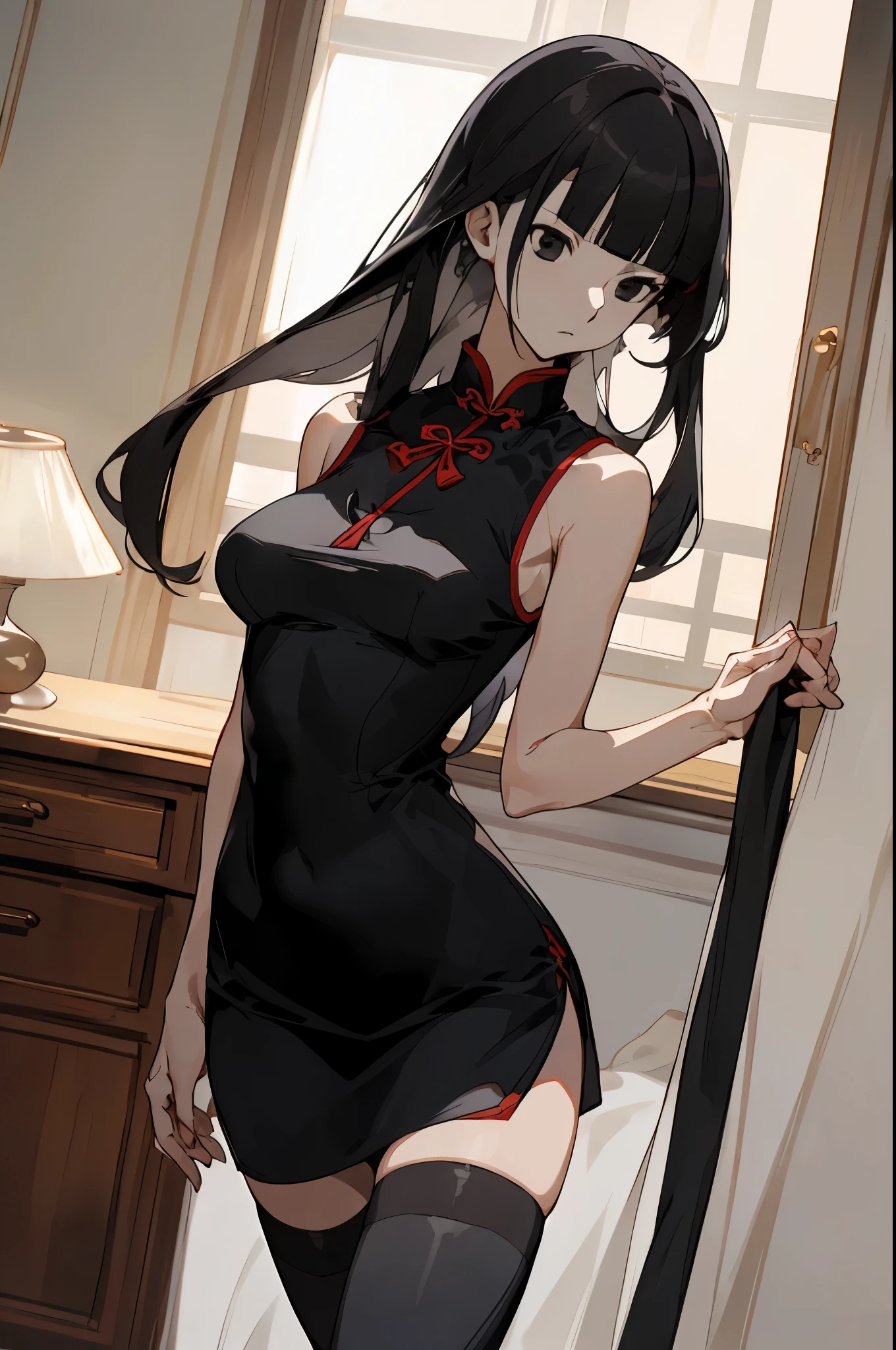 (((extremely beautiful detailed anime face and black eyes:1.5)))masterpiece, best quality、Perfect Anatomy, 1woman,solo,cowboy shot,20 year old beauty,black hair,long hair,blunt bangs, ,slender body,ideal ratio body proportions,medium breasts,short black cheongsam dress、sleeveless、deep slit,thigh_gap, black_thighhighs,standing,simple bedroom、indoor lighting、simple hotel、