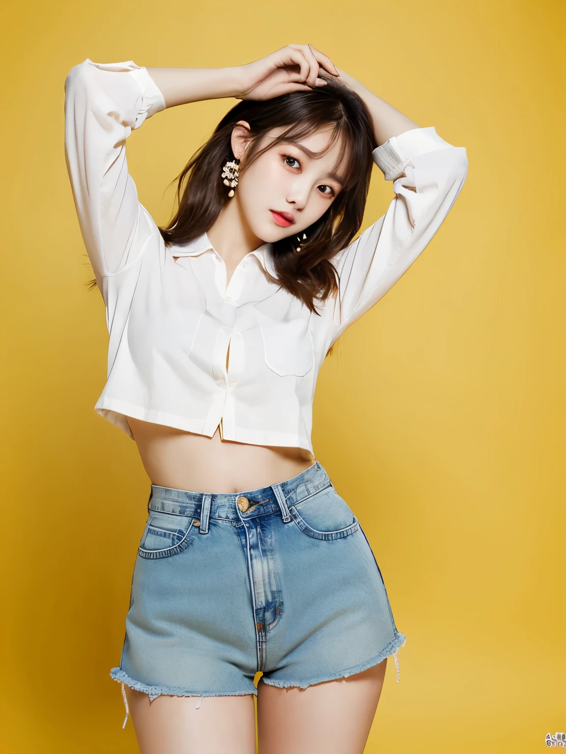 (highest quality、high resolution、best pictures,)1 girl, (Korean Idol), 20-year-old,detailed eyes、(Drooping eyes)、beautiful face、cute、erotic expression、soft body, brown hair, short hair,whole body, Hair up to the shoulders, whole body,((from head to feet)),Denim shirt、panties、 white tall boots,big earrings,close, 8K, RAW photo, highest quality, masterpiece,realistic, photo-realistic,fascinating,cute,yellow background, erotic pose, cat pose