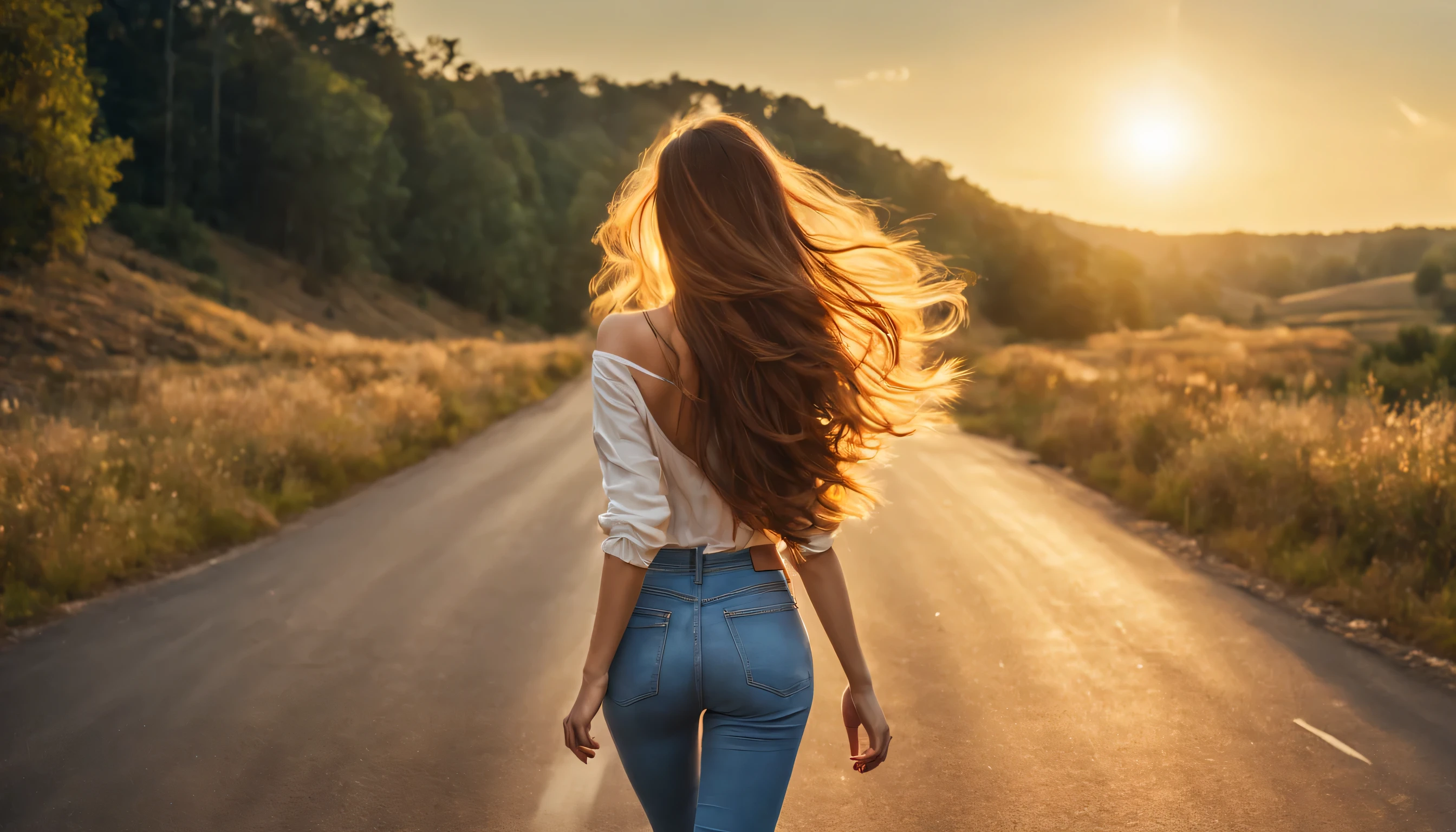 (best quality,ultra-detailed,realistic:1.37), 20-year-old beautiful woman with long flowing hair, perfect large-sized butt, wearing jeans, walking backwards on a road heading towards a large sun on the horizon at the end of the road, medium,long beautiful hair flowing in the wind,golden hour sunlight, warm color tone, picturesque landscape, vibrant colors,road stretching into the distance,slightly hilly terrain, a few trees lining the sides of the road,clear blue sky, soft clouds, gentle breeze, tranquil atmosphere,peaceful and serene ambiance.
