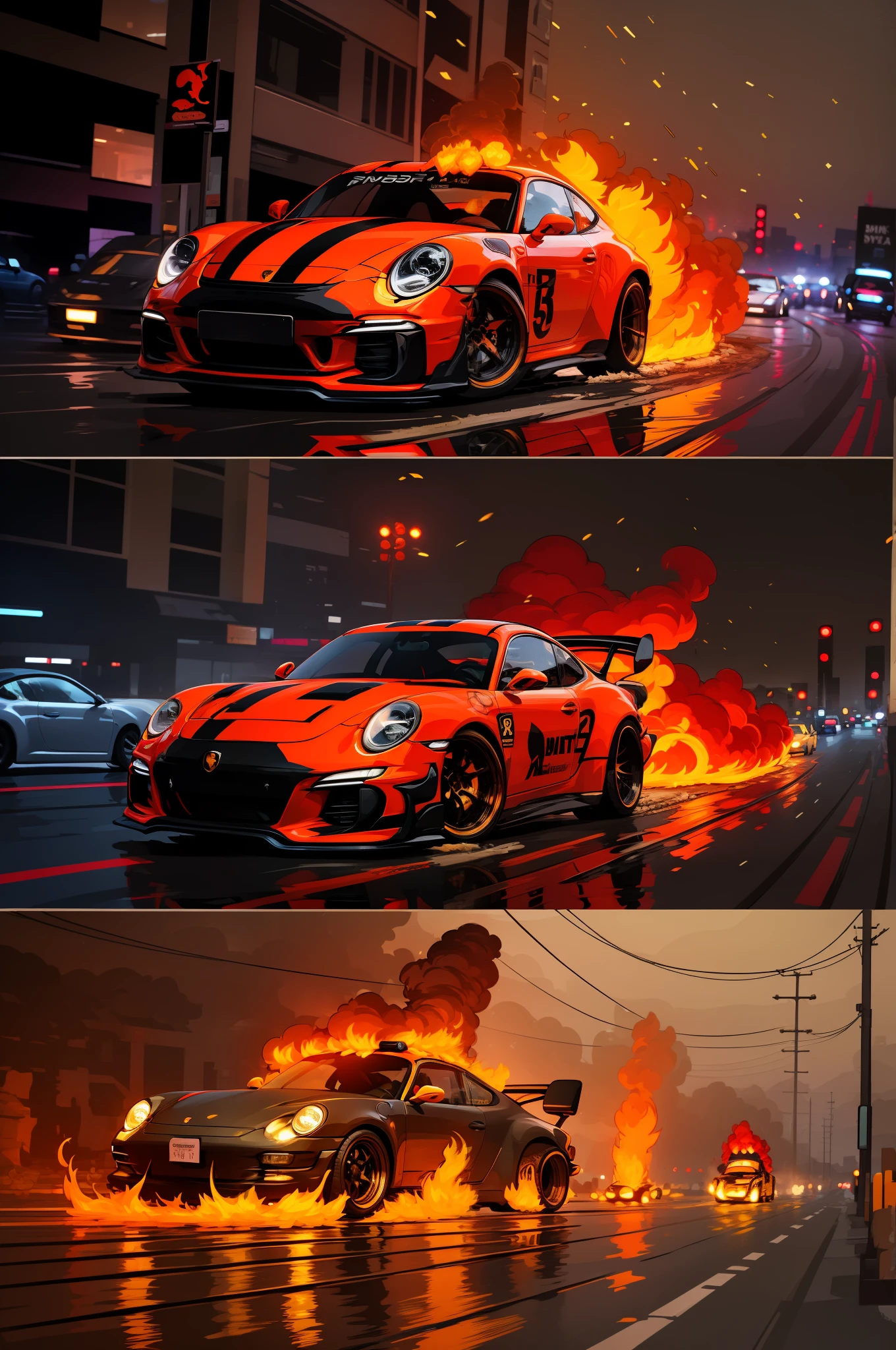 "spectacular ghost ride porsche 911 rwb cars in a fiery spectacle, featuring menacing skeleton porsche 911 rwb, engulfed in flames, racing through a vibrant street paved with molten lava."