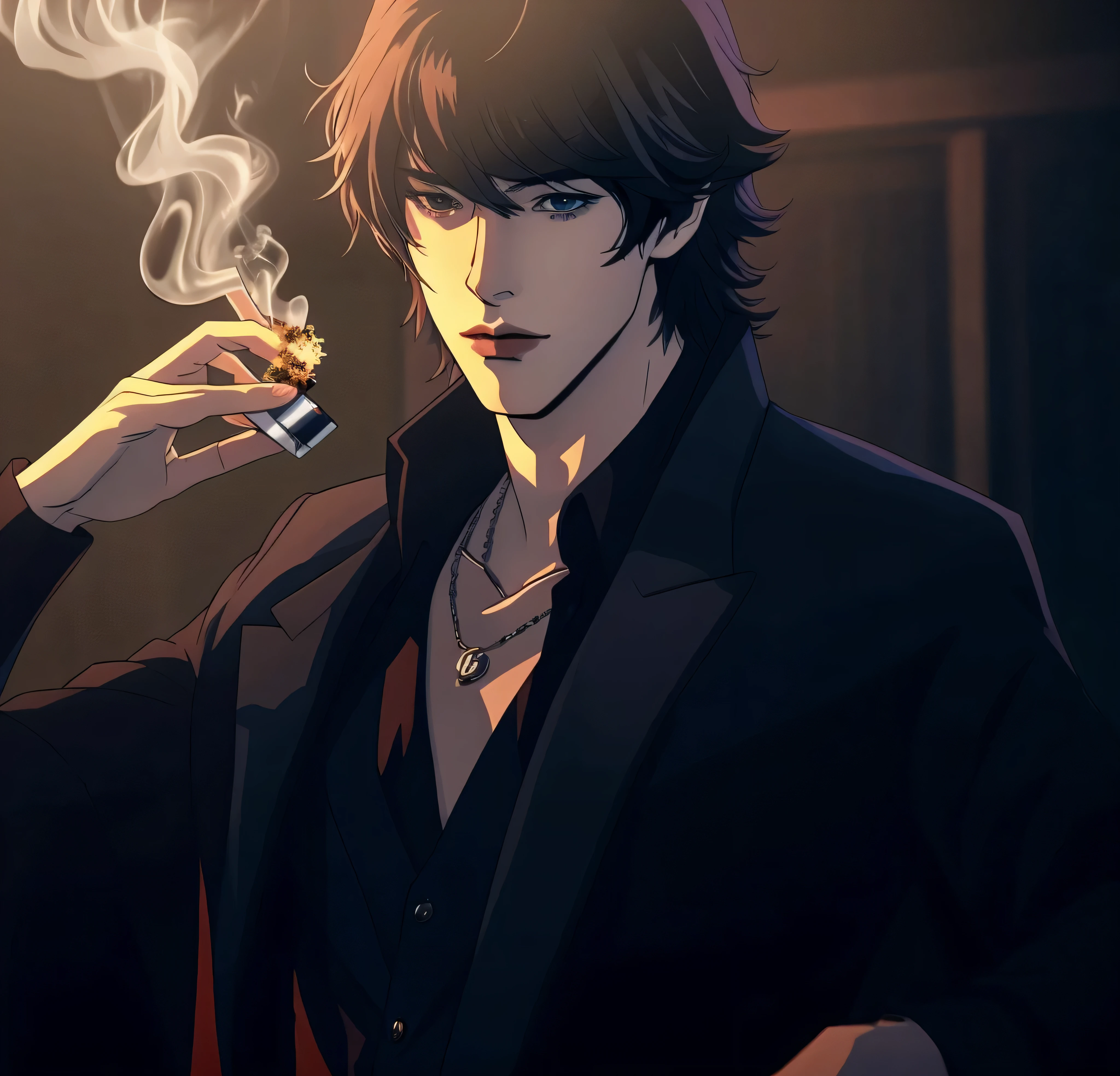 there is a man smoking a cigarette in a dark room, manhwa, delicate androgynous prince, beautiful androgynous prince, high quality fanart, anime handsome man, highly detailed exquisite fanart, in the art style of bowater, handsome guy in demon slayer art, handsome anime pose, by Yang J, webtoon, handsome prince