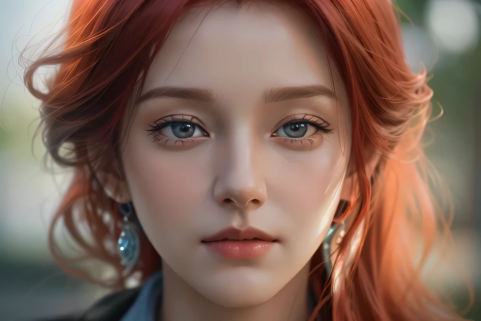 there is a woman with red hair and a blue shirt, realistic digital art 4k, realistic digital art 4 k, photorealistic beautiful face, very realistic digital art, realistic digital art, realistic digital painting, beautiful realistic face, beautiful and realistic faces, realistic digital drawing, hyperrealistic beautiful face, realistic beautiful face, accurate ultra realistic faces, highly realistic digital art