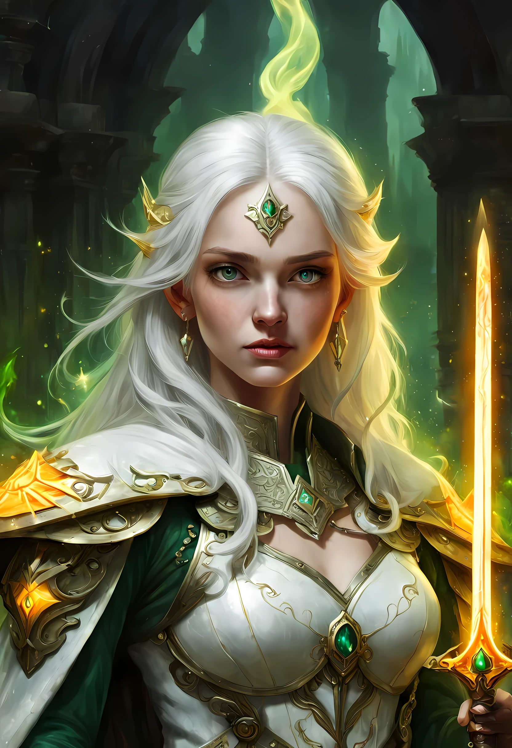 fantasy art, dnd art, RPG art, wide shot, (masterpiece: 1.4) a (portrait: 1.3) intense details, highly detailed, photorealistic, best quality, highres, GlowingRunesAI_yellow, portrait a female (fantasy art, Masterpiece, best quality: 1.3) blue skin: 1.5, intense details facial details, exquisite beauty, (fantasy art, Masterpiece, best quality) cleric, (blue: 1.3) skinned female, (white hair: 1.3), long hair, intense (green: 1.3) eye, fantasy art, Masterpiece, best quality) armed a fiery sword red fire, wearing heavy (white: 1.3) half plate mail armor, wearing high heeled laced boots, wearing an(orange :1.3) cloak, wearing glowing holy symbol GlowingRunes_yellow, within fantasy temple background, reflection light, high details, best quality, 16k, [ultra detailed], masterpiece, best quality, (extremely detailed), close up, ultra wide shot, photorealistic, RAW, fantasy art, dnd art, fantasy art, realistic art,((best quality)), ((masterpiece)), (detailed), perfect face, ((no ears: 1.6))