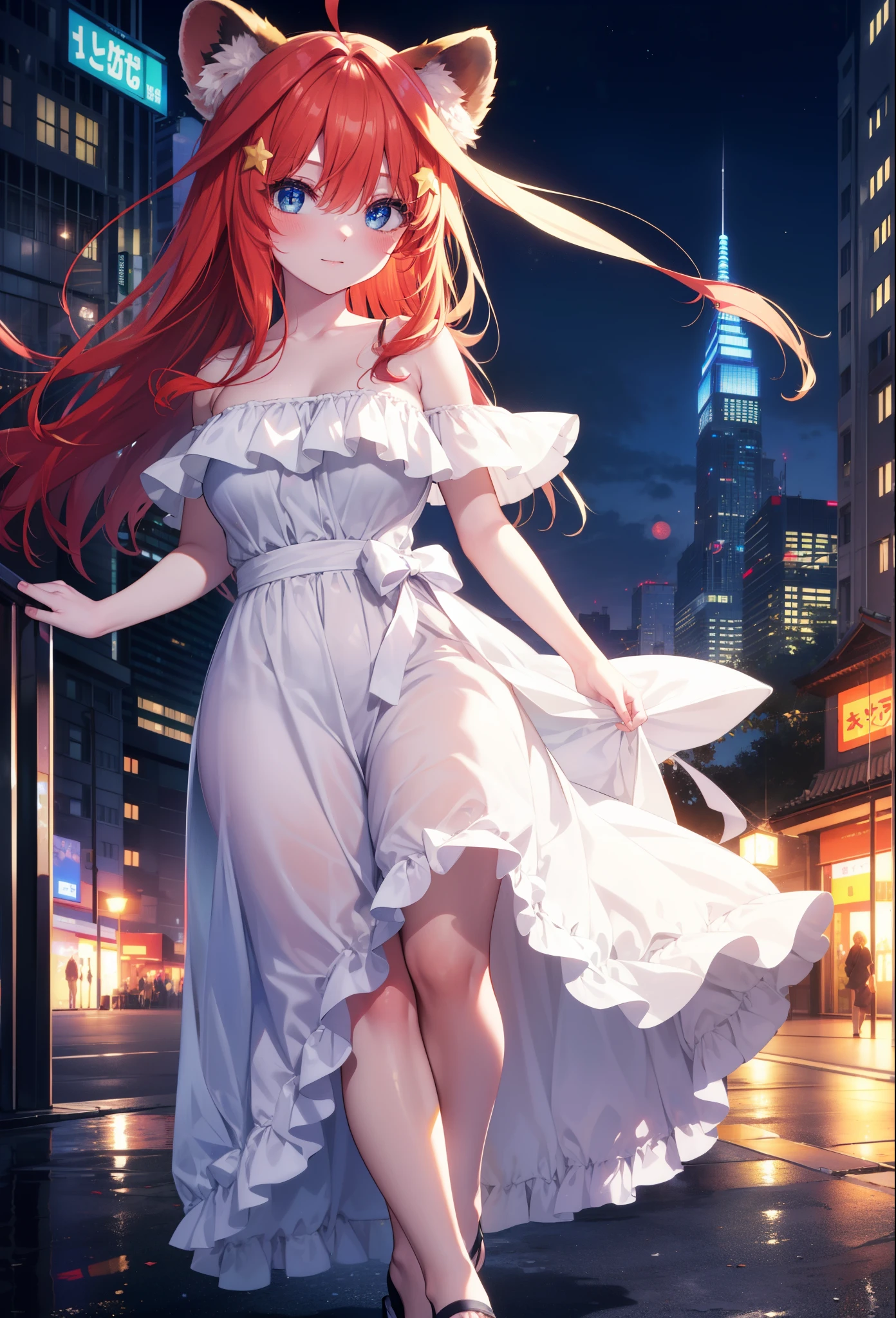 Satsuki Nakano, Itsuki Nakano, bangs, blue eyes, hair between eyes, Ahoge, redhead, star \(symbol\), hair ornaments, smile,blush,star hair ornaments,animal ears　 raccoon ears,animal tail 　Tanuki tail,bare shoulders,red official shoulder dress,long skirt,very sandals,turn around,city,Walking outdoors, city
壊す (masterpiece:1.2), highest quality, High resolution, unity 8k wallpaper, (shape:0.8), (beautiful and detailed eyes:1.6), highly detailed face, perfect lighting, Very detailed CG, (perfect hands, perfect anatomy),