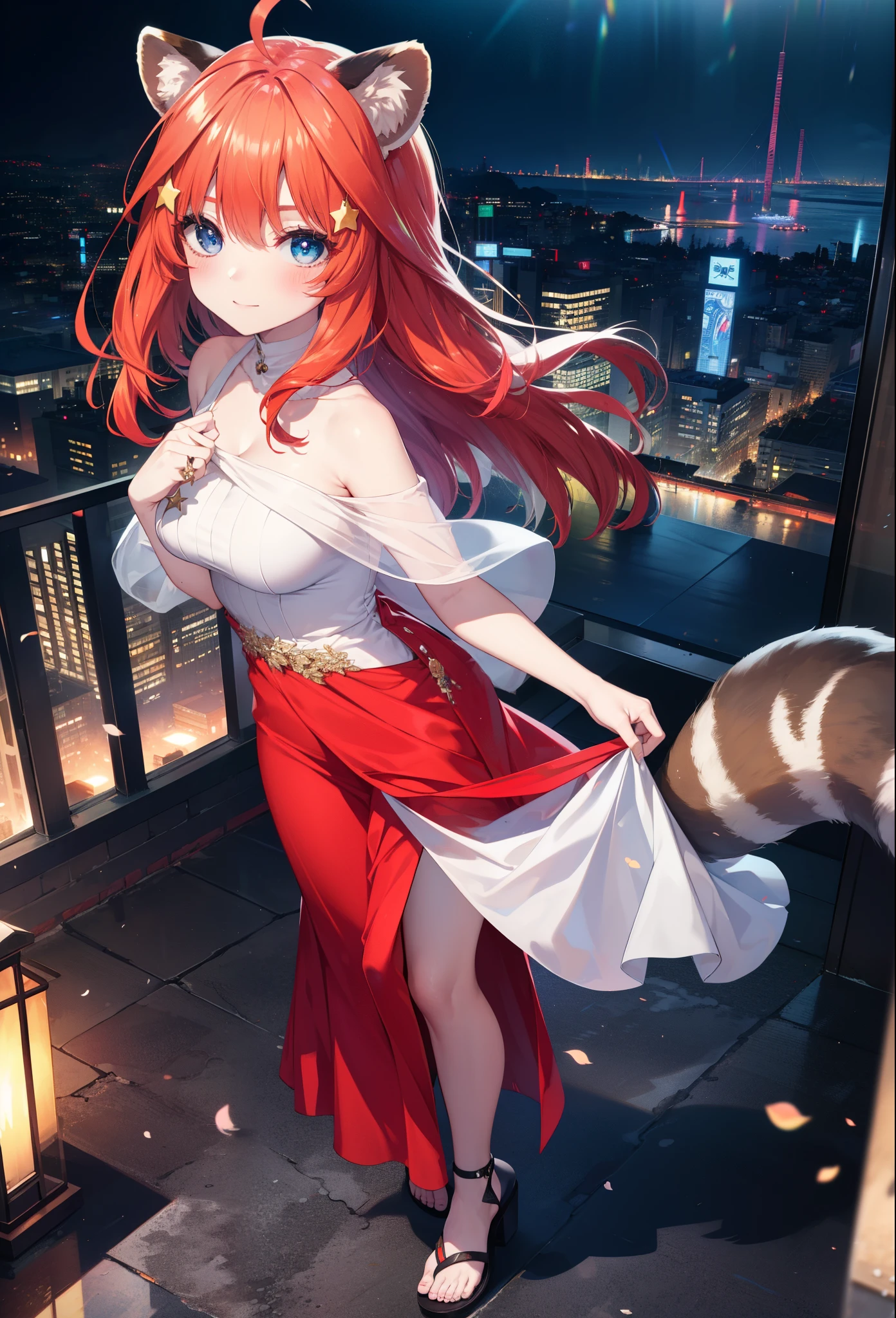 Satsuki Nakano, Itsuki Nakano, bangs, blue eyes, hair between eyes, Ahoge, redhead, star \(symbol\), hair ornaments, smile,blush,star hair ornaments,animal ears raccoon ears,Animal tail Tanuki tail,bare shoulders,red official shoulder dress,long skirt,very sandals,turn around,city,Walking outdoors, city
壊す (masterpiece:1.2), highest quality, High resolution, unity 8k wallpaper, (shape:0.8), (beautiful and detailed eyes:1.6), highly detailed face, perfect lighting, Very detailed CG, (perfect hands, perfect anatomy),
