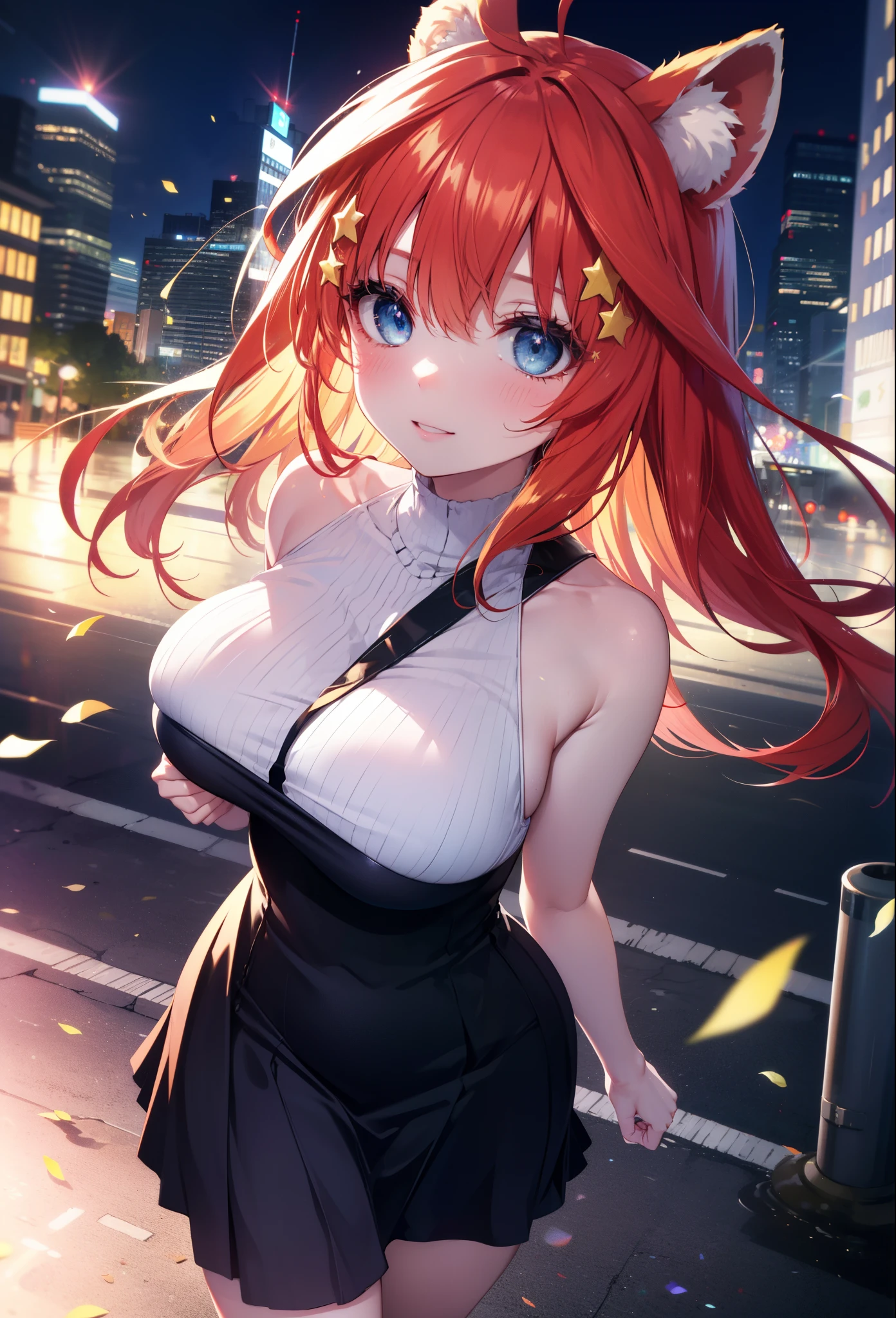Satsuki Nakano, Itsuki Nakano, bangs, blue eyes, hair between eyes, Ahoge, redhead, star \(symbol\), hair ornaments, smile,blush,star hair ornaments,animal ears raccoon ears,Animal tail Tanuki tail,bare shoulders,red official shoulder dress,long skirt,very sandals,turn around,city,Walking outdoors, city
壊す (masterpiece:1.2), highest quality, High resolution, unity 8k wallpaper, (shape:0.8), (beautiful and detailed eyes:1.6), highly detailed face, perfect lighting, Very detailed CG, (perfect hands, perfect anatomy),