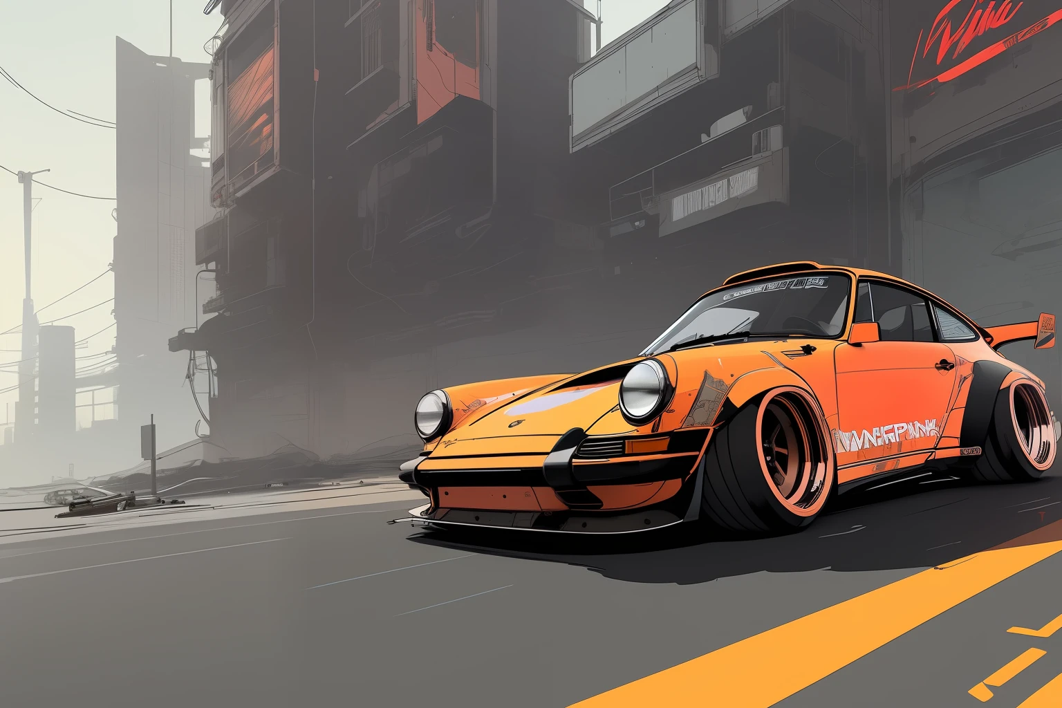 nvinkpunk, painting of Gautam city with a Porsche 911 rwb,wide bodykit, high quality,
