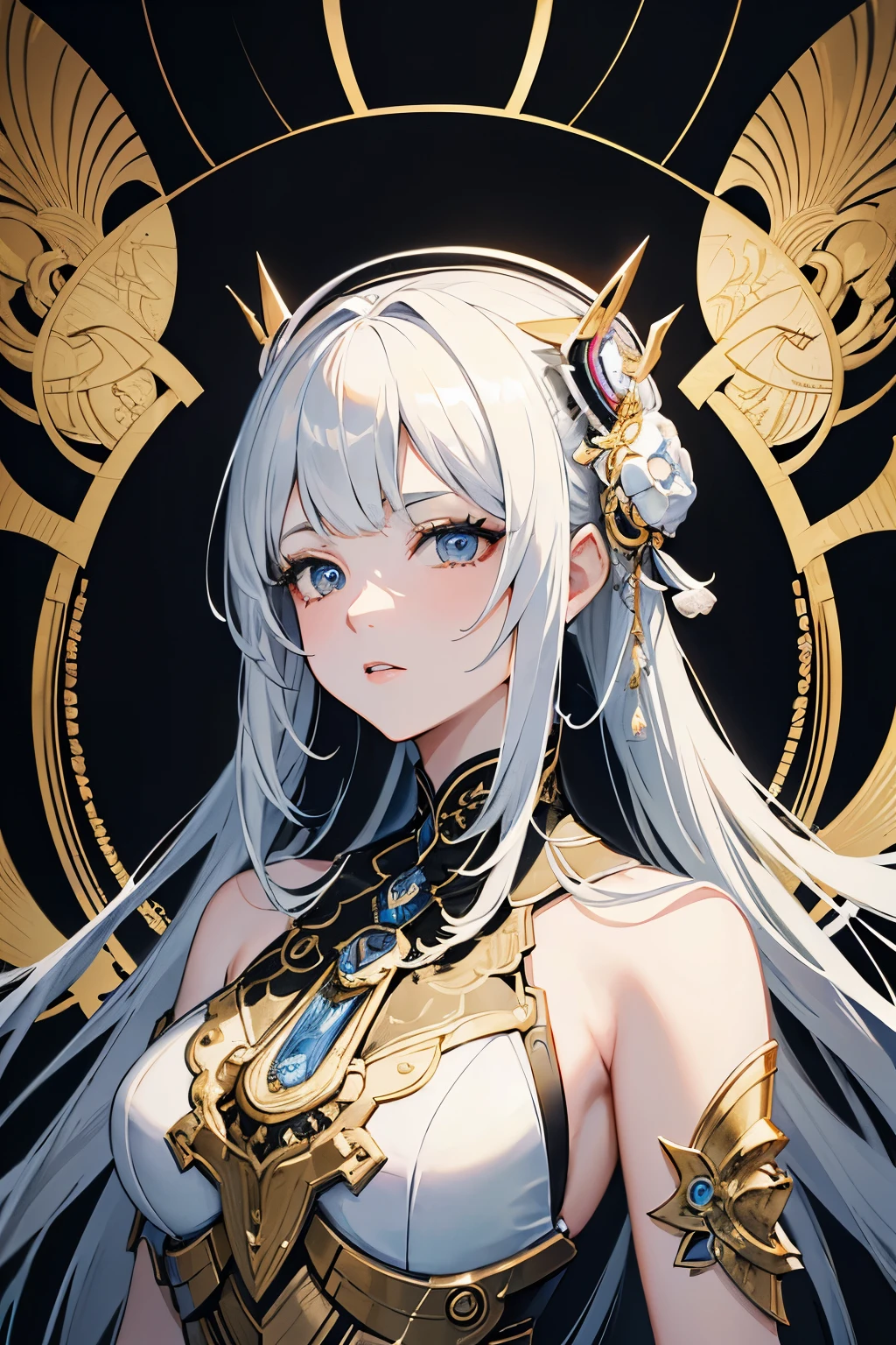 art nouveau, goddess, gigantic, floating, detailed face, detailed eyes, blue eyes, slender, happy, black and gold bikini, gold accessories, brown